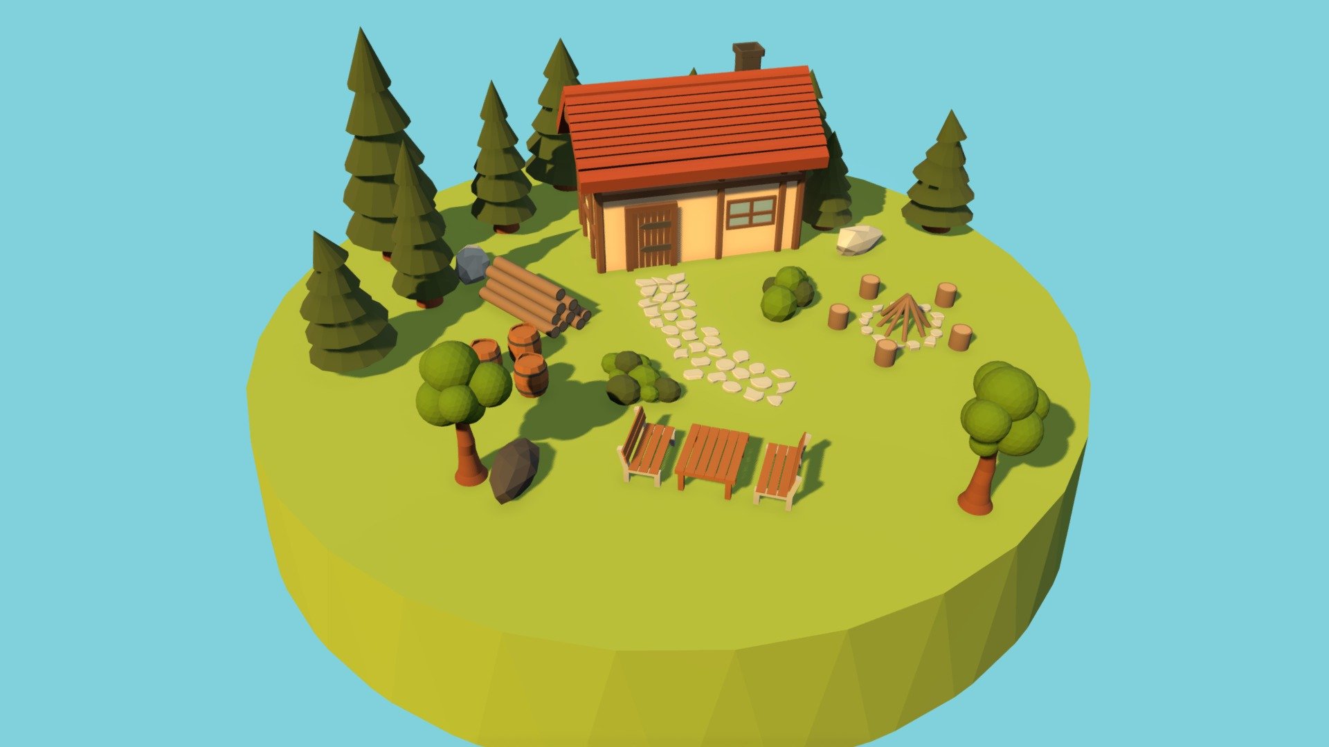 Low poly garden scene that includes:




a house

trees

campfire

barrels

a table with 2 benches

bushes

tree trunks

