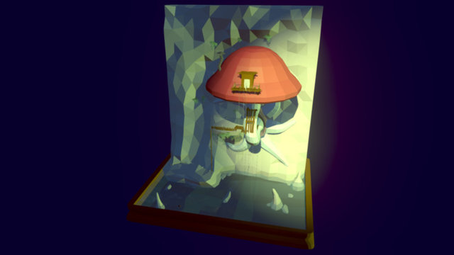A house made from hollowed out giant mushroom cap in a cavern.