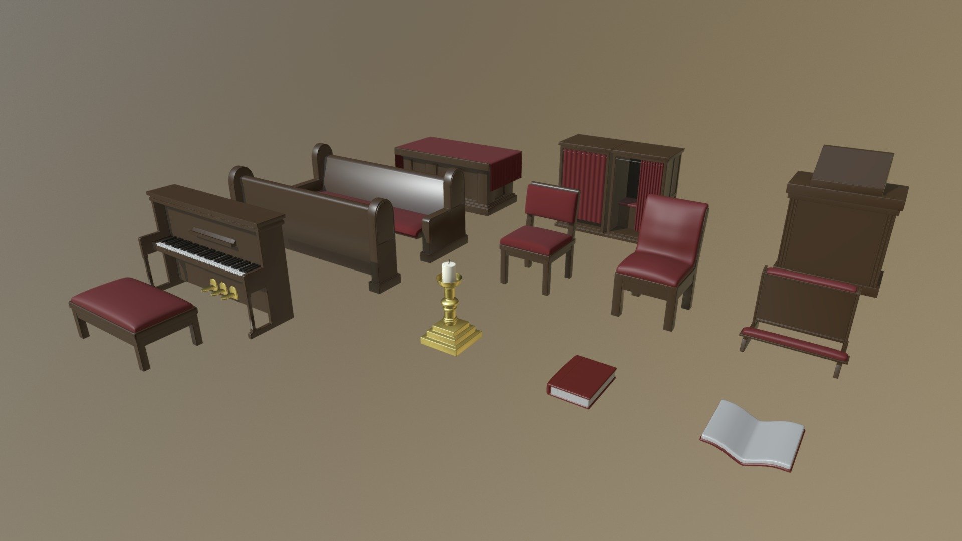 Church Asset Pack V2 that was created in Blender. This is a remake of my first church asset pack. It includes many improvements such as lower poly count on all models, improved topology, increased detail, PBR textures, and uses the metalness workflow. The PBR textures can easily be edited in photo editing software if needed. It also includes two free book models. One book that is closed and one that is opened. These books are good to use with the existing models in the pack. A UVLayout for each model is included to see how each part of each model is divided and textured. This pack is much cheaper than if you were to purchase all of the models individually.

The source file is used for demonstration of all objects in the pack. The additional file contains all model exports and textures.