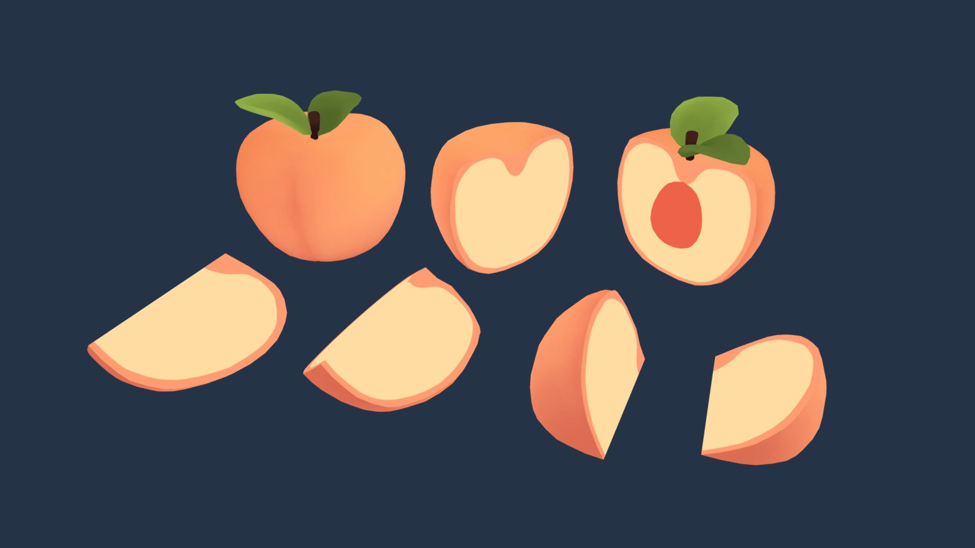 A cute, simple peach with a colourful, cartoon style 🍑

Part of the Cute Fruits Pack! See the full model pack here 👑✨

Includes:

1 whole peach mesh

2 peach half meshes

2 peach quarter meshes

2 peach slice meshes

2 texture .pngs

Zip file contains the models as an .fbx file
