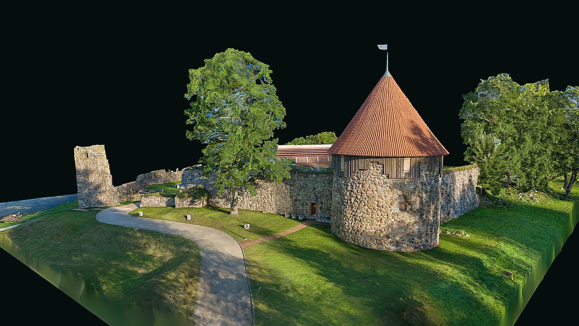 Alūksne Castle (Latvian: Marienburgas pils, Alūksnes pils; Swedish: Marienburg; German: Marienburg) is a castle of Teutonic Knights in current Alūksne, North-Eastern Latvia.

The castle was built in 1342 on the largest of the islands in the Lake Alūksne and called Marienburg. The first castle was constructed by the Landmeister Burkhard von Dreileben. It was part of a major reinforcement of the Eastern border of Livonia. The strength of the castle was repeatedly proven by repelling a number of attacks in the 16th century. After the fall of the Old Livonia, the castle remained habitable. It was finally destroyed in 1702 in the Great Northern War by its Swedish garrison to avoid falling in the hands of Russians. The ruins remained largely untouched. Today, it houses an open-air scene and forms a part of a recreational area of the Pils (Castle) Island.

Photogrammetry reconstruction in RealityCapture from 429 images. © Saulius Zaura www.dronepartner.lt 2023.