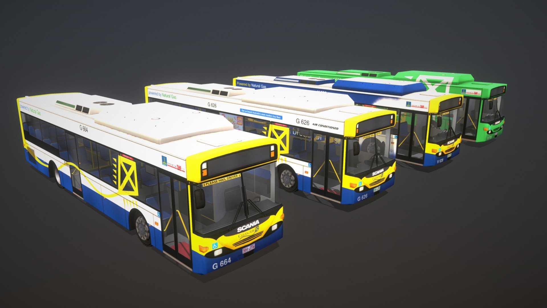 A revamp of my Brisbane City Council Scania L94UB CNG [Volgren] intended for use in Transport Fever 2.

TpF2 Workshop Item: https://steamcommunity.com/sharedfiles/filedetails/?id=2594990377

Trivia:
Once typical of Brisbane’s fleet is this Scania L94UB with Volgren CR224L bodywork. The standard Volgren body has been altered in appearance with a normal Scania front. The kite symbol reflects the bus’ green credentials being CNG powered. The G prefix denotes its allocation to the Garden City depot which feeds the busway. Sadly in 2020, the Scania L94UB fleet have been retired from service and replaced by the Volvo B8RLE buses.

Info from https://www.showbus.co.uk/australia/gallery/brisscan.htm

Model Details
Head lights/Blink lights/Brake lights: True
Door Animations: True
Tris: 2,136 (exterior) / 4,259 (interior) [lod0]
Textures: TGA 2048x2048 (exterior) / TGA 512x512 (interior)