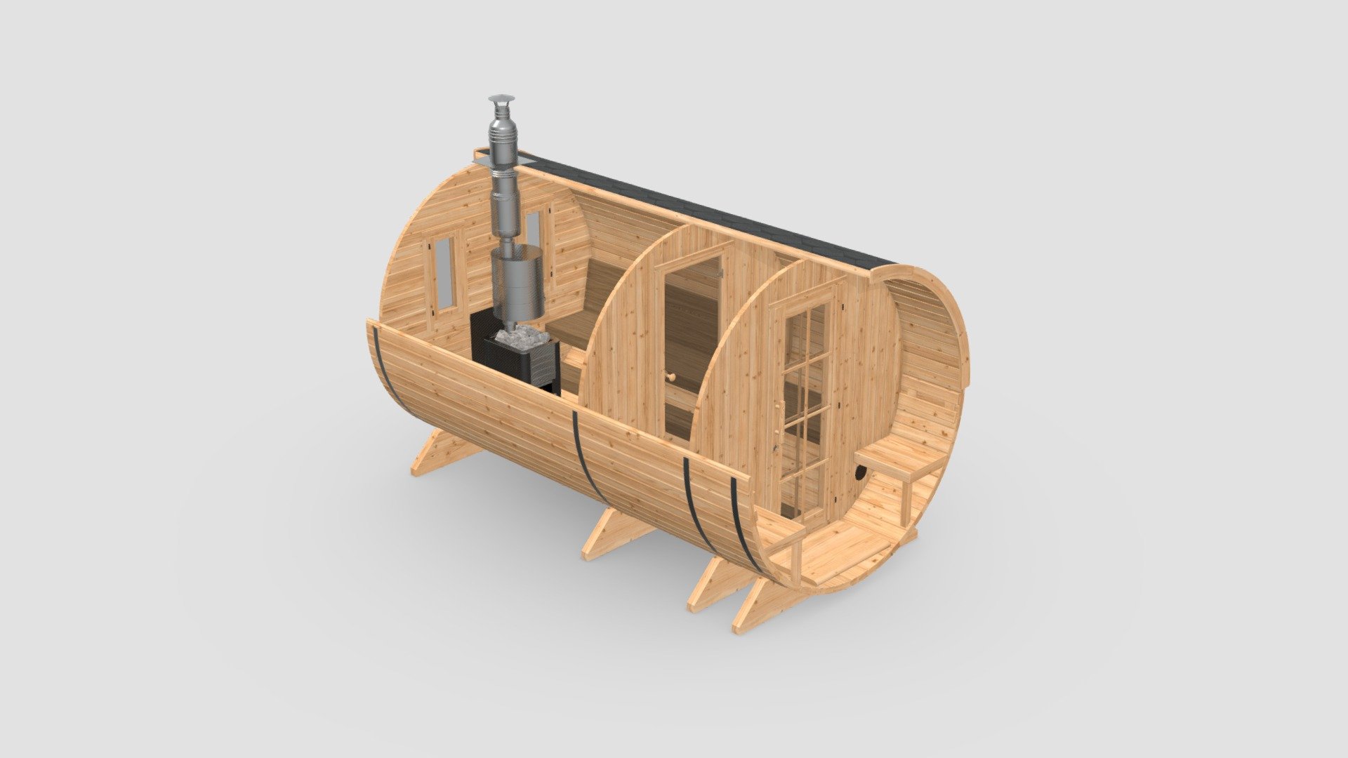 Barrel Sauna, 4 meters long. Made in 3ds Max, packed with all textures. FBX, OBJ and 3ds Max source also included in the additional file - Other_Files.zip

PBR materials, optimized geometry, AR / VR ready.