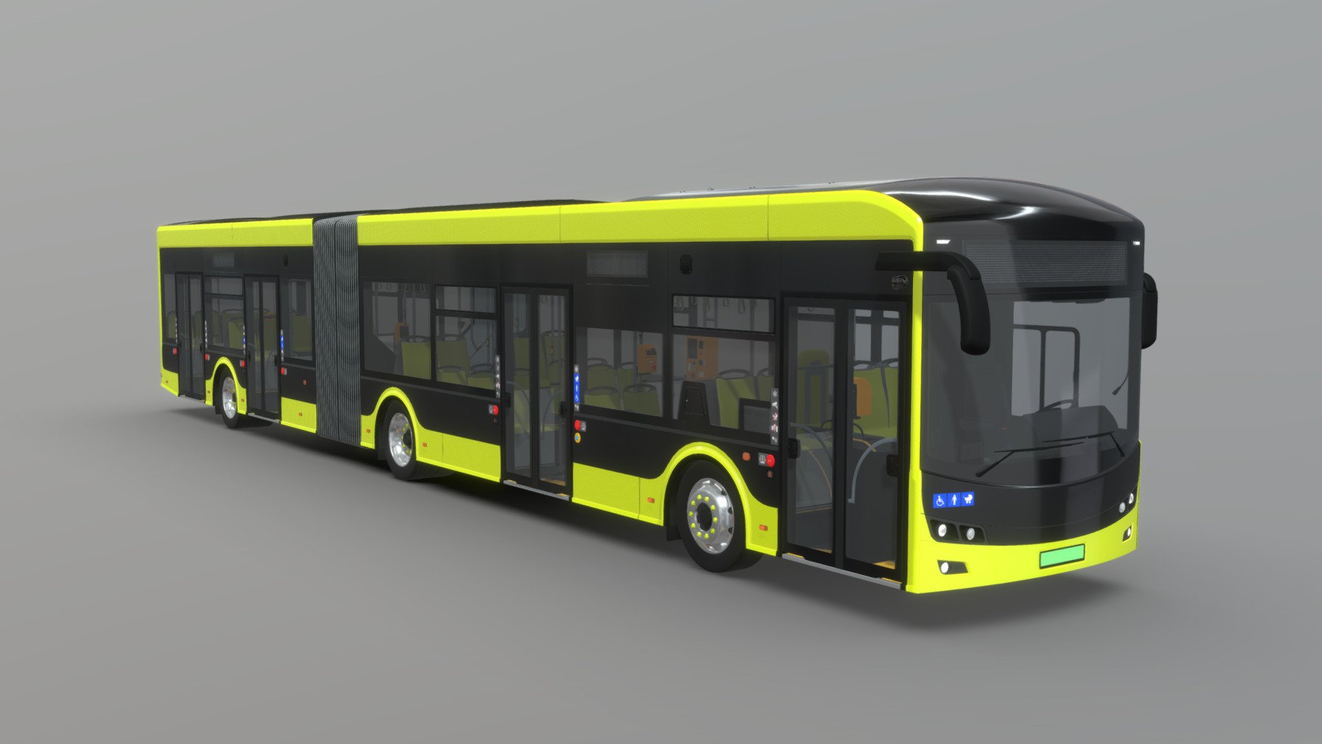 Articulated bus based on the II generation of my low-floor, emission-free, electric city bus. This version is equipped with a roof-mounted panthograph charger and has an enclosed cabin. New validators and a ticket machine were installed. Compared to the previous generation, the new model has undergone a slight lifting of the exterior. The interior has changed as well. By repositioning the engine and moving most of the batteries and other equipment to the roof of the bus, the number of seats was increased. The length: 18100mm, height: 3300mm. Number of seats: 45 (From the technical point of view, the steering wheel was seperated from the desk and is now a seperate object.)