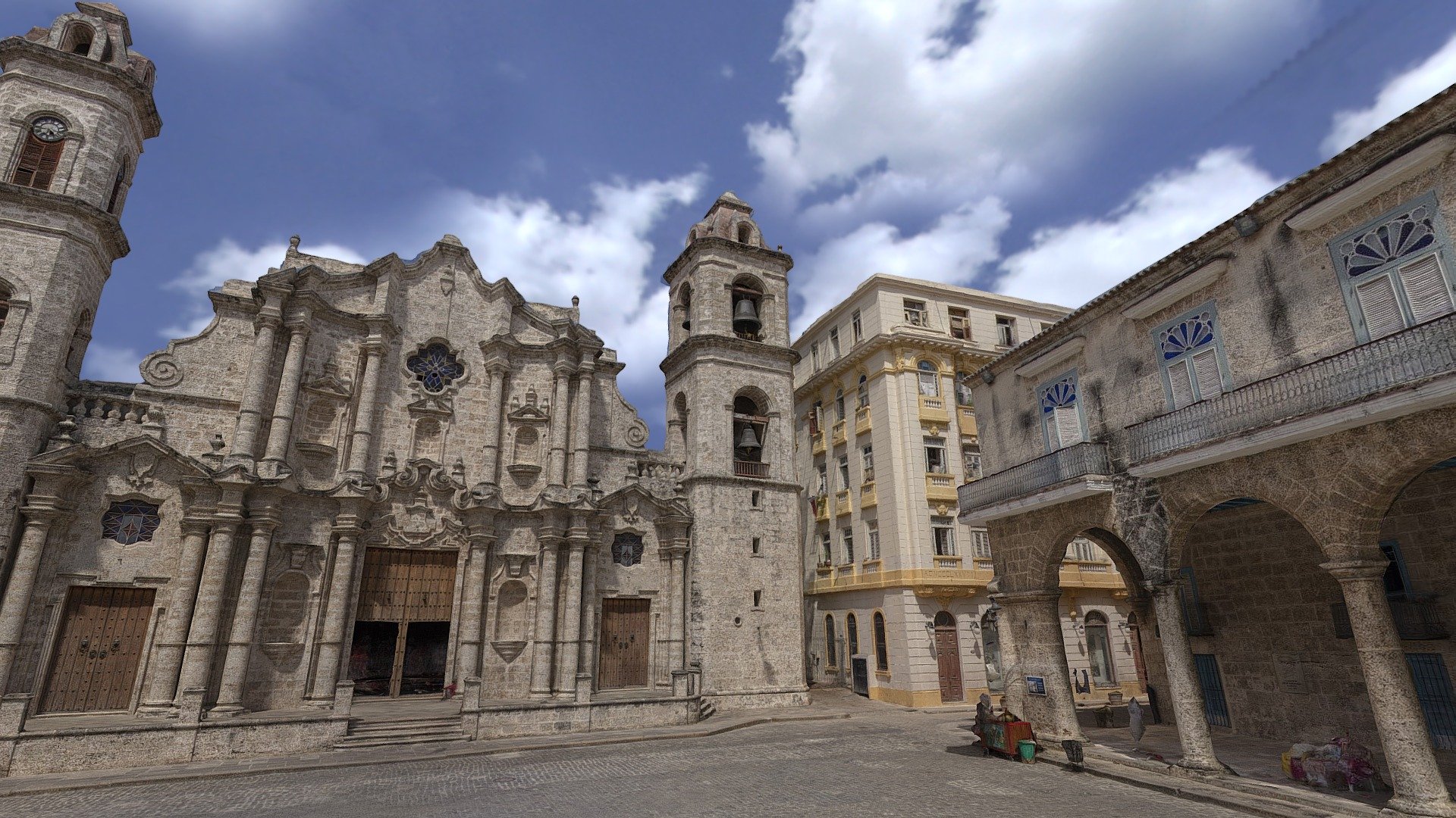 Photogrammetry of Cathedral Square.  

This is one of the four main squares in Old Havana and the site of the Cathedral of Havana from which it takes its name. Originally a swamp, it was later drained and used as a naval dockyard. Following the construction of the Cathedral in 1727, it became the site of some of the city's grandest mansions. It is the site of the Museo del Arte Colonial (Colonial Art Museum) and a number of restaurants.