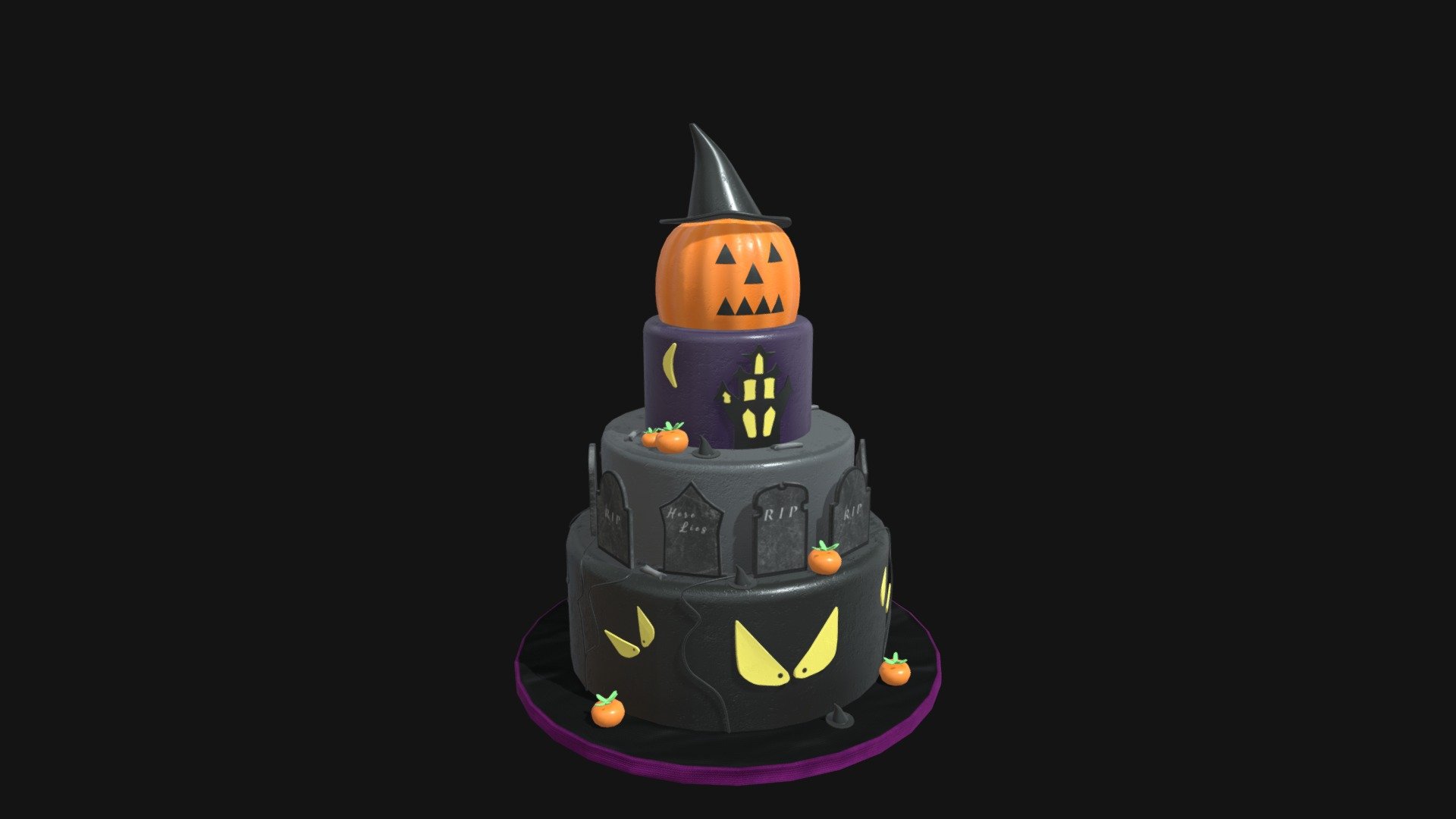 Three Level Halloween Cake 3D Model. This model contains the Three Level Halloween Cake itself

All modeled in Maya, textured with Substance Painter.

The model was built to scale and is UV unwrapped properly. Contains only one 4K texture set.

⦁ 16828 tris.

⦁ Contains: .FBX .OBJ and .DAE

⦁ Model has clean topology. No Ngons.

⦁ Built to scale

⦁ Unwrapped UV Map

⦁ 4K Texture set

⦁ High quality details

⦁ Based on real life references

⦁ Renders done in Marmoset Toolbag

Polycount:

verts 8933

edges 17738

faces 8911

tris 16828

If you have any questions please feel free to ask me.