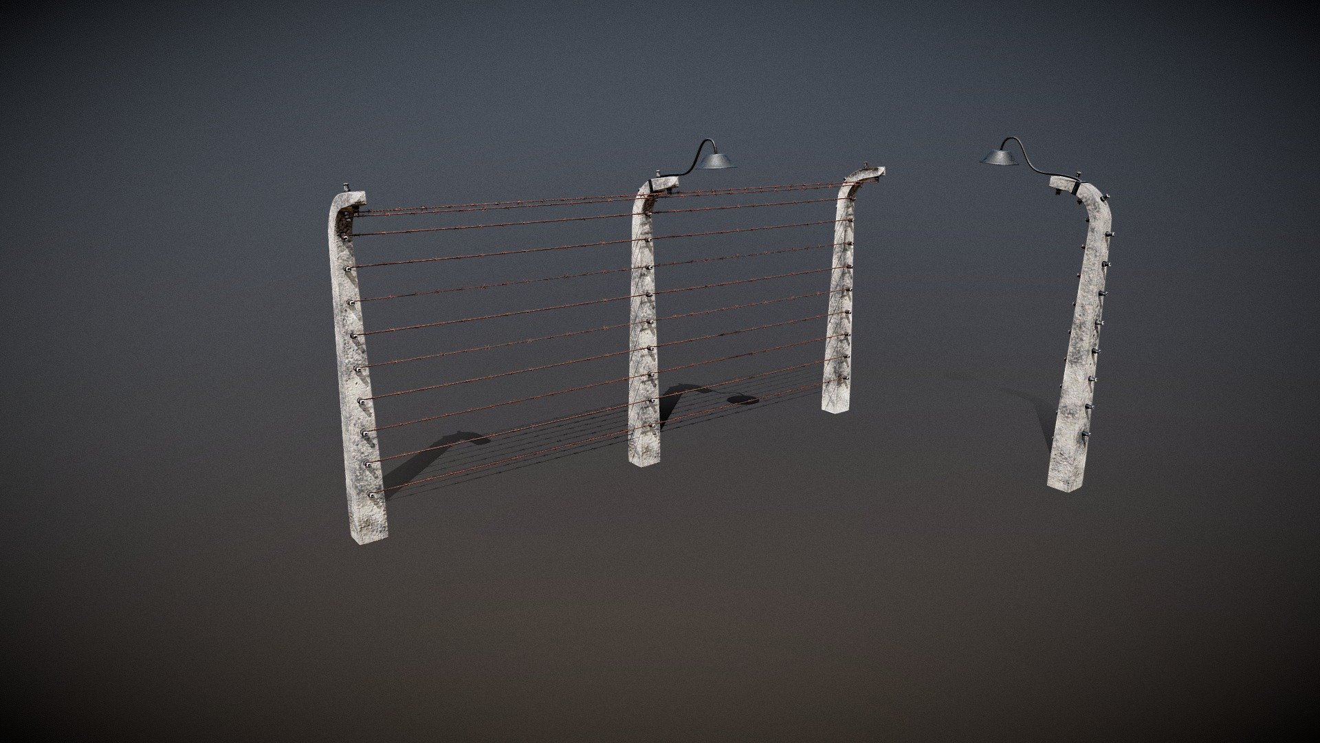 Modular electric fence from the Auschwitz Concentration Camp.
Model contains the following parts:




Module (17,078 Tris)

Module With Lamp (18,108 Tris)

End-Module (7,400 Tris)

End-Module With Lamp (8,428 Tris)

Four 2048x2048 textures are packed using the layout:




Albedo + Opacity

Occlusion + Roughness + Metallic

Normal (Y+ Up)

Emissive

Modeled in Blender 2.91 and textured using Substance Painter 2019.