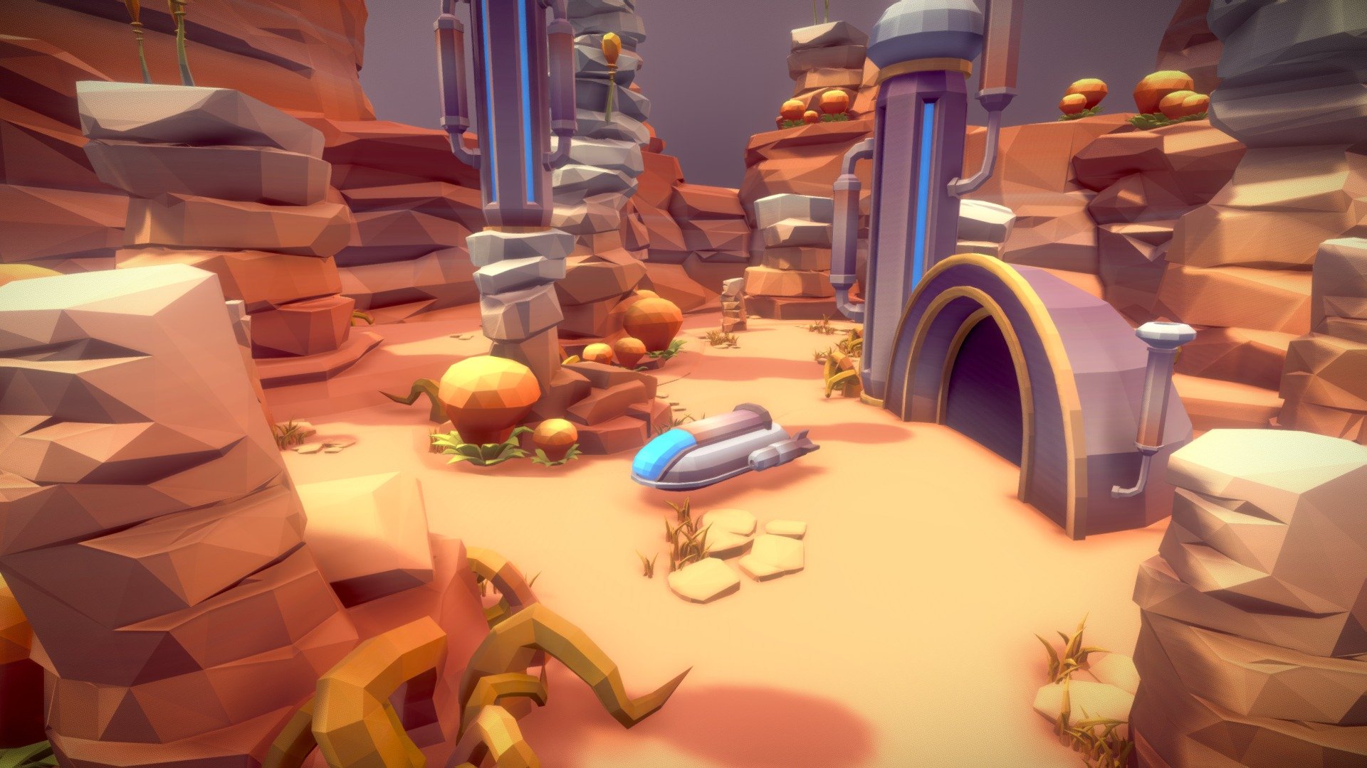 Modular Alien desert environment. The model come with the demo scene and all the individual pieces as fbx or obj files. 
There is also a speeder with 3 different textures. All the models only use 2 texture.