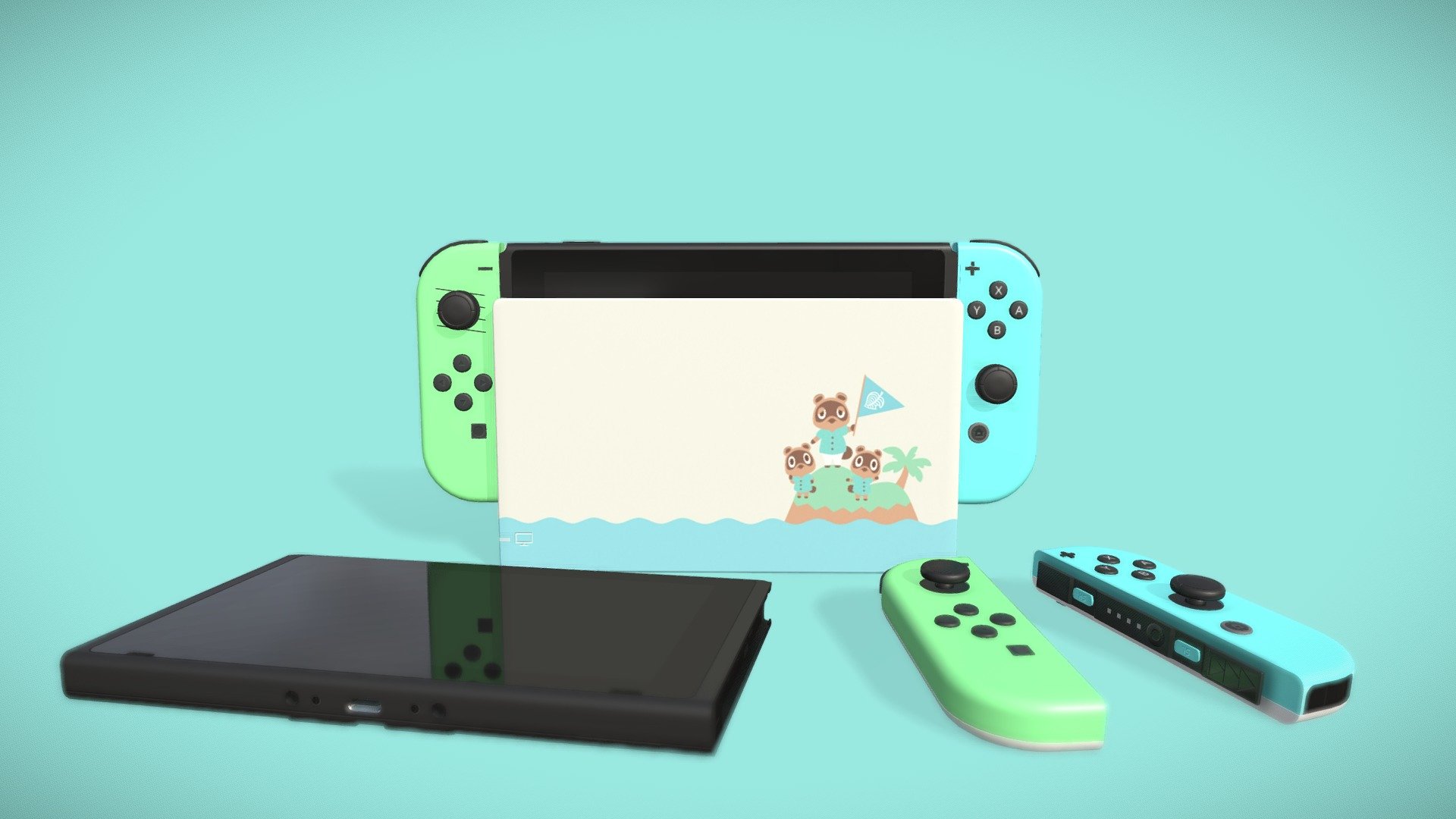 Special Edition Animal Crossing Nintendo Switch with Animal Crossing dock and green and blue Joy-cons Modelled in Blender