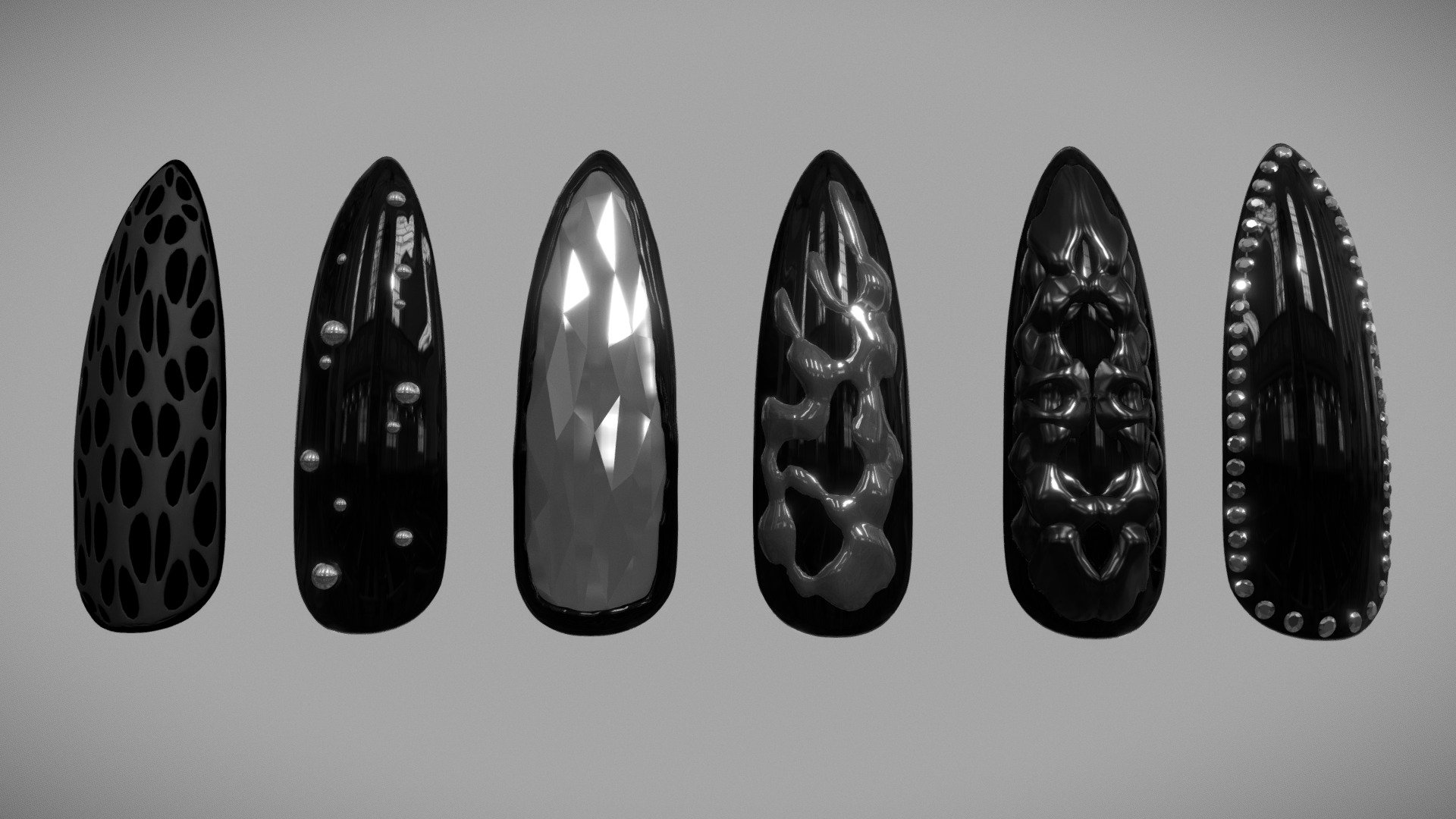 Sharp gothic stiletto fake nails with nail art for fingers