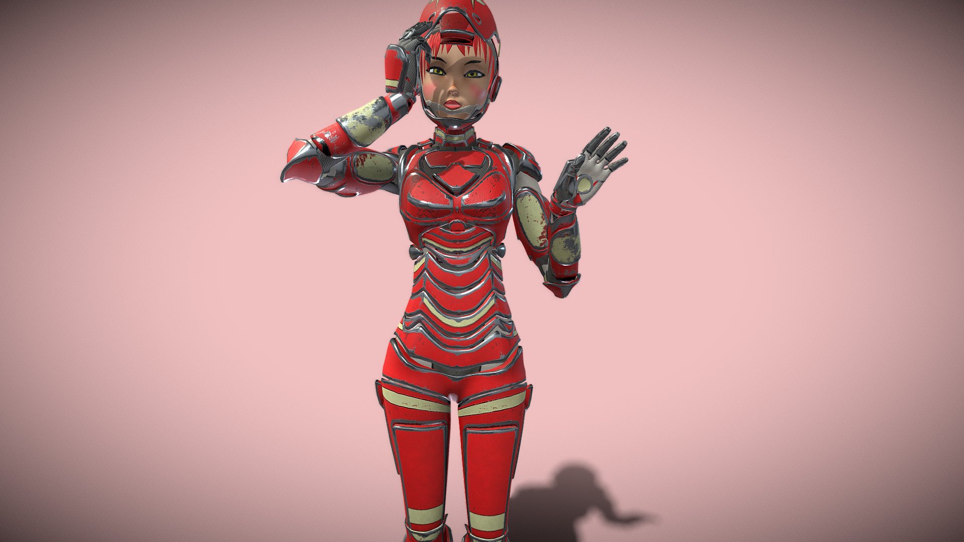 Red - Iron Suit Girl

Under the Iron Suit wears a Spandex Suit.
Body &amp; Face Rigged.
UV Unwrapped and textured. 
Comes with textures at 2k &amp; 4k resolution. 
Contains PBR &amp; Toon (LBS) variations.

The model contains 7 objects, 6 sets of materials (+1 Outline for Toon), and 2 sets of textures. 
Modeled in Blender, painted in Substance Painter. 
.
.
.
.
.
More: https://linktr.ee/ed3d