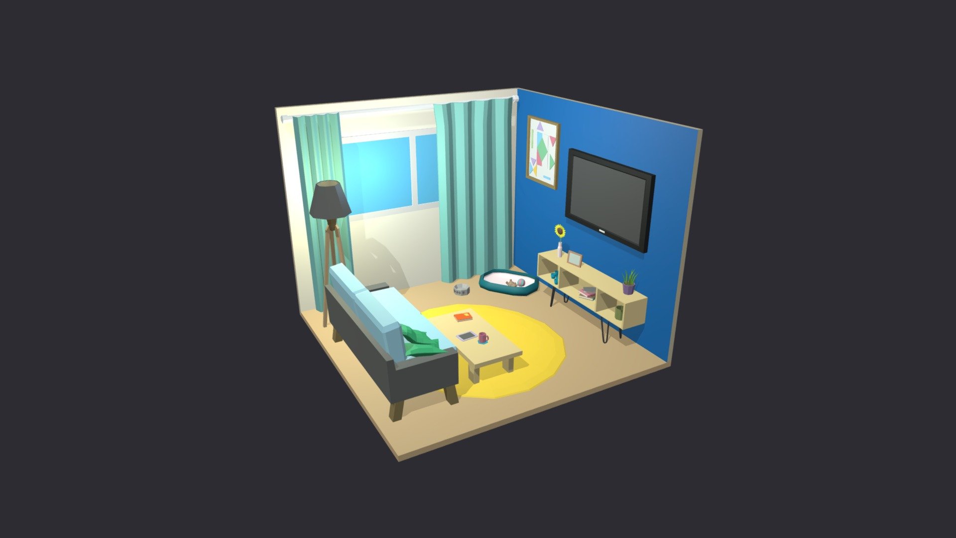 Low poly room is ready to be used for games, rendering and advertising.

This is a living room complete with furniture. Measures 5 m x 5 m.

This set includes 25 unique props: TV / sofa / lamp / curtains / shelf / flowers and much more!

Technical details:

The whole room has:




Vertex: 3723

Faces: 3271

Tris: 6309

Has only one color texture (2048/1024/512/256 /128px) and one material for the entire game set.

Feel free to download it and leave your reviews, comments and likes. This will help us create more products for you :)