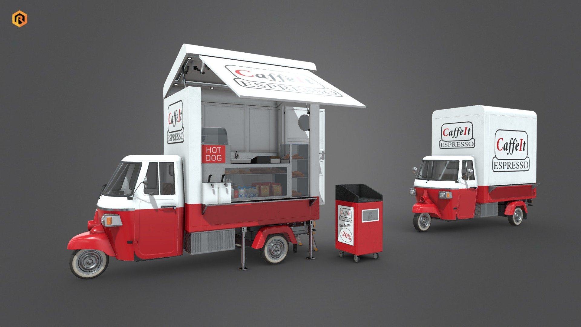 PBR low-poly 3D model of Food Truck with an additional bin. 

There is open and closed trailer version of the model included.   

You can also get this model in a collection: https://skfb.ly/oJyQt

You can also visit my store page to find other themes of food carts.

This model is best for use in games and other VR/AR, real-time applications such as Unity or Unreal Engine. It can also be rendered in Blender (ex Cycles) or Vray.

Technical details:




6 PBR textures sets

 (Main Body, Alpha, Emission, Trailer Main, Trailer Alpha, Trailer Emission) 

35665 Triangles

The model is divided into few objects: main body, wheels, doors, steering wheel, two trailer types (open and close) etc. 

Lot of additional file formats included (Blender, Unity, Maya etc.)  

More file formats are available in additional zip file on product page (See all files)

Please feel free to contact me if you have any questions or need any support for this asset.

Support e-mail: support@rescue3d.com