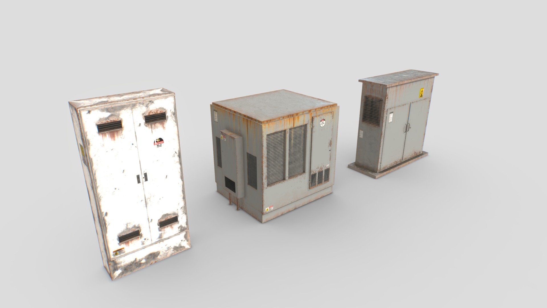 Old electrical box transformers. Real scale. 9 objects and 56 materials in total..

Comes with 3 sets of textures each with 4096x PBR textures including Albedo, Normal, Metalness, Roughness and AO. ARM mask texture included (ao, rough, metal) and also unity HDRP mask (M, A, D, S).

Total tris 14000. 8000 verts.

Suitable for apocalyptic games, stalker type, wastelands, old landscapes, etc..