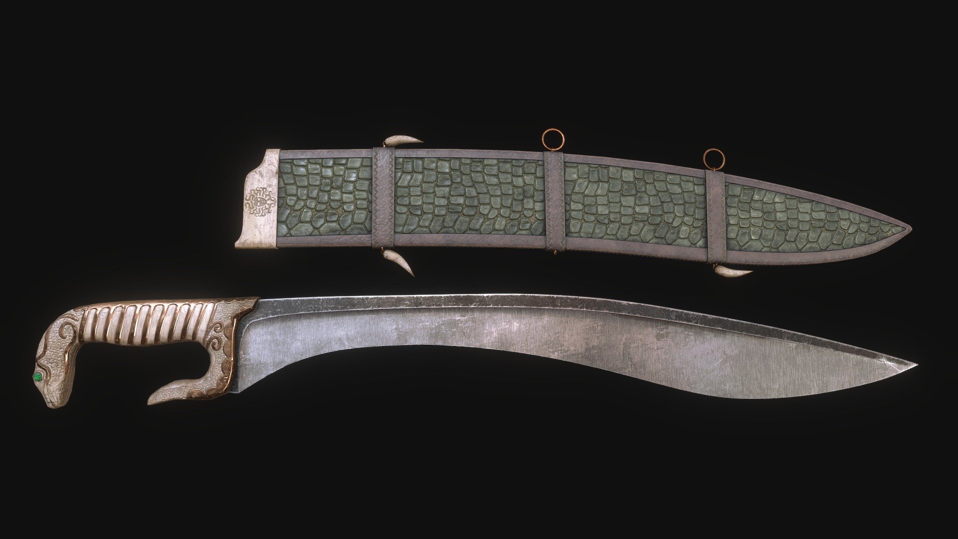 

These swords were used by female warriors of an ancient occult tribe who worshiped the Snake God.

Ancient  Sword - Serpent Falcata with sheats.  

Textures in 4k.

Modeled in Blender, textured in Substance.

Visit my Artstation for more renders

Also available for purchase on my CG Trader

Like, follow and stay tuned for more models!

