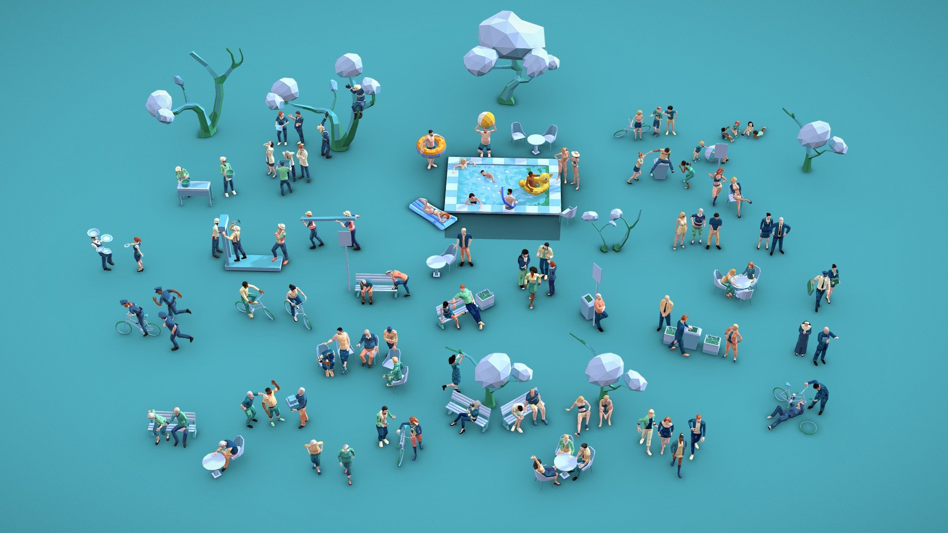 The ultimate collection catering to all your urban character requirements!

Characters count: 110

Low Poly Style characters modeled and rigged with 3ds Max Biped+Skin. With exports to .FBX and .OBJ as t-pose . The
whole pack uses a switchable palette texture. The UV mapping can be easily modified using : pX PolyPaint for 3ds Max or DA PolyPaint for Unity.

Each unique character features distinct faces, body shapes, and skin tones across four age groups: kids, teens, adults, and elders. Ideal for illustrations, explainer videos, architectural visuals, and WebGL/Mobile/AR/VR applications or games. Free samples available!.




Enjoy!