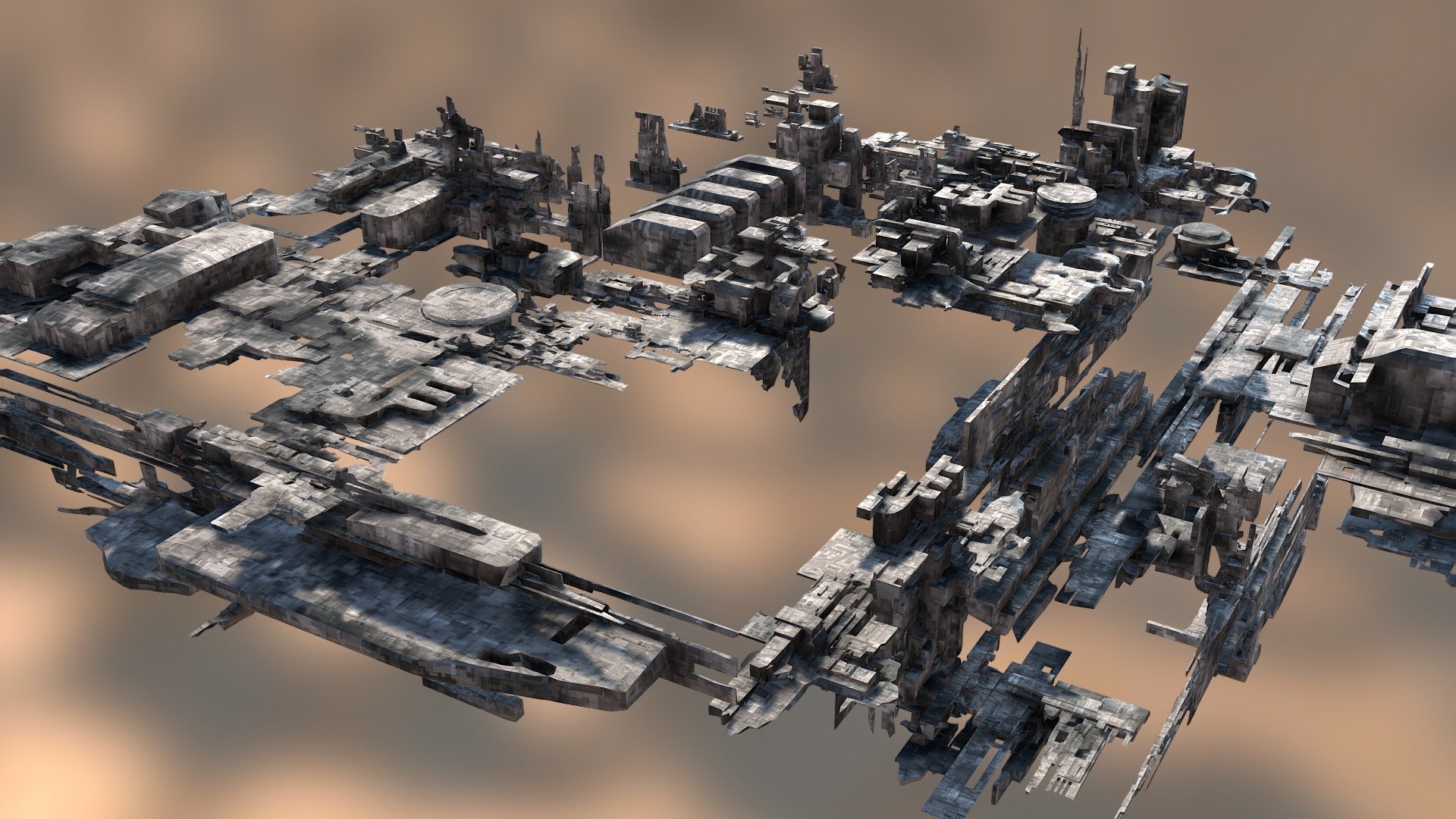 Collection of 53 unique scifilike heavy construction assets (scale 1:10). For demonstration purposes i sticked them together in a way how they could be used as Cube.001,..,Cube.053 named objects. They have simple box mapping. Textures, color, normal and roughness 

Average triangle count per mesh 6k

created in blender