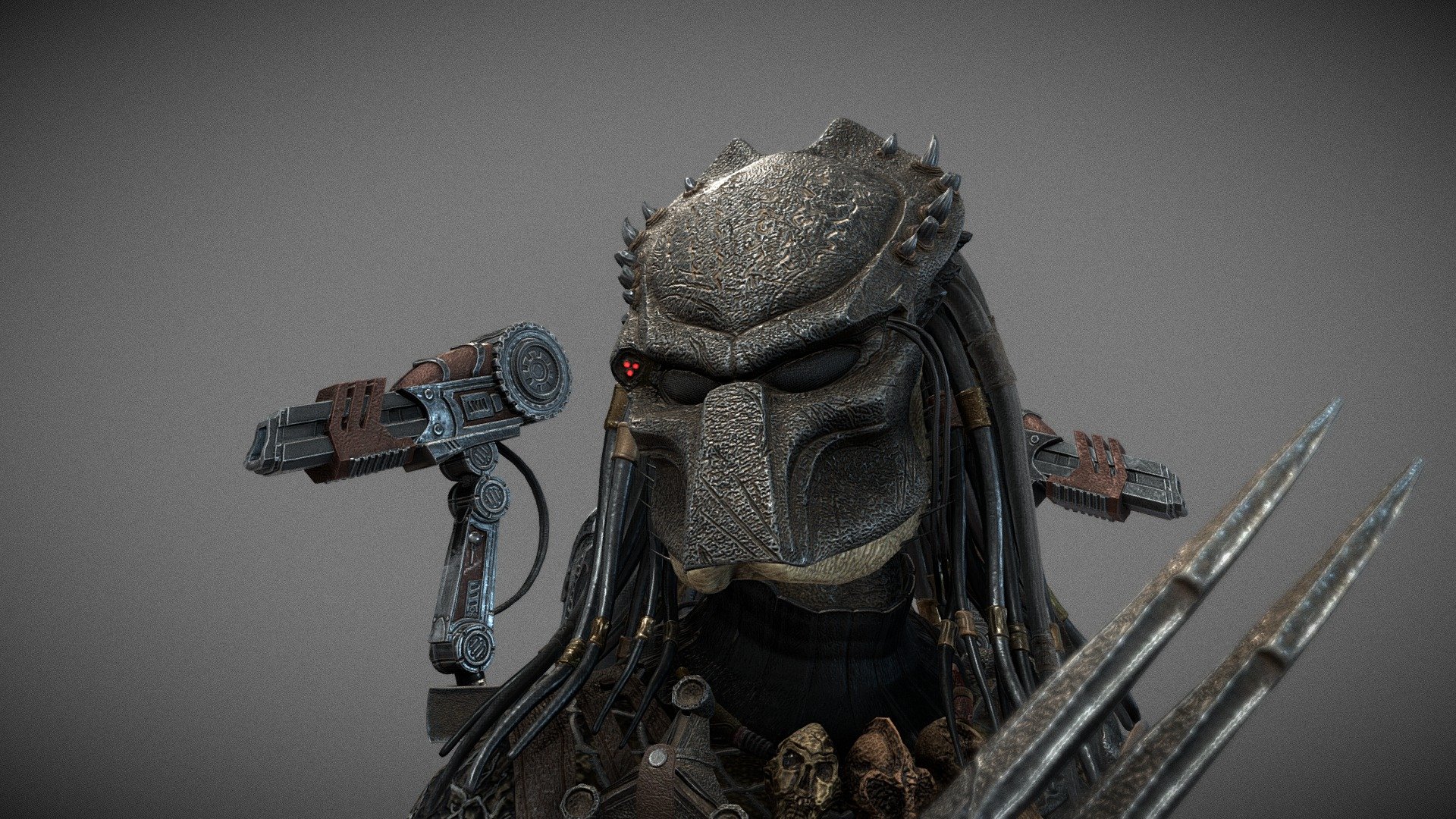 Wolf Predator is a combat veteran, my favorite Predator character I've ever seen. He is very cruel, he has many types of weapons, including his deadly whip with which the Wolf slashes aliens, he has two plasma cannons (attached to armor on the forearms), a pair of blades that dissolve liquid (attached to a bag on his shoulder). belt), bandolier
shuriken, spear.
His height is 2.5 meters, and he is very strong, because in one of the scenes in the film he was holding two aliens with both hands.
His mask is engraved with the words from the code “Crime, Punishment, Death! Do not look for the black warrior, he will find you ”, which refers to the inquisitors. Texture map resolution 4096
x 4096 px

If you need Wolf_Predator in A Pose,  you can text to mee on email wolfpred280@gmail.com
Model is not free
