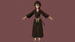T pose rigged model of Rukia Kuchiki katana, bleach, teenage, teen, uniform, woman, schoolgirl, shinigami, rukia, yukata, anime-girl, short-hair, girl, female, anime, rigged, japanese, rukia-kuchiki