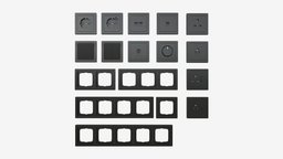 Outlet frame set EU US UK black frame, socket, us, switch, european, set, usb, line, network, uk, outlet, connect, voltage, 3d, pbr, home, plastic, electric, black, wall