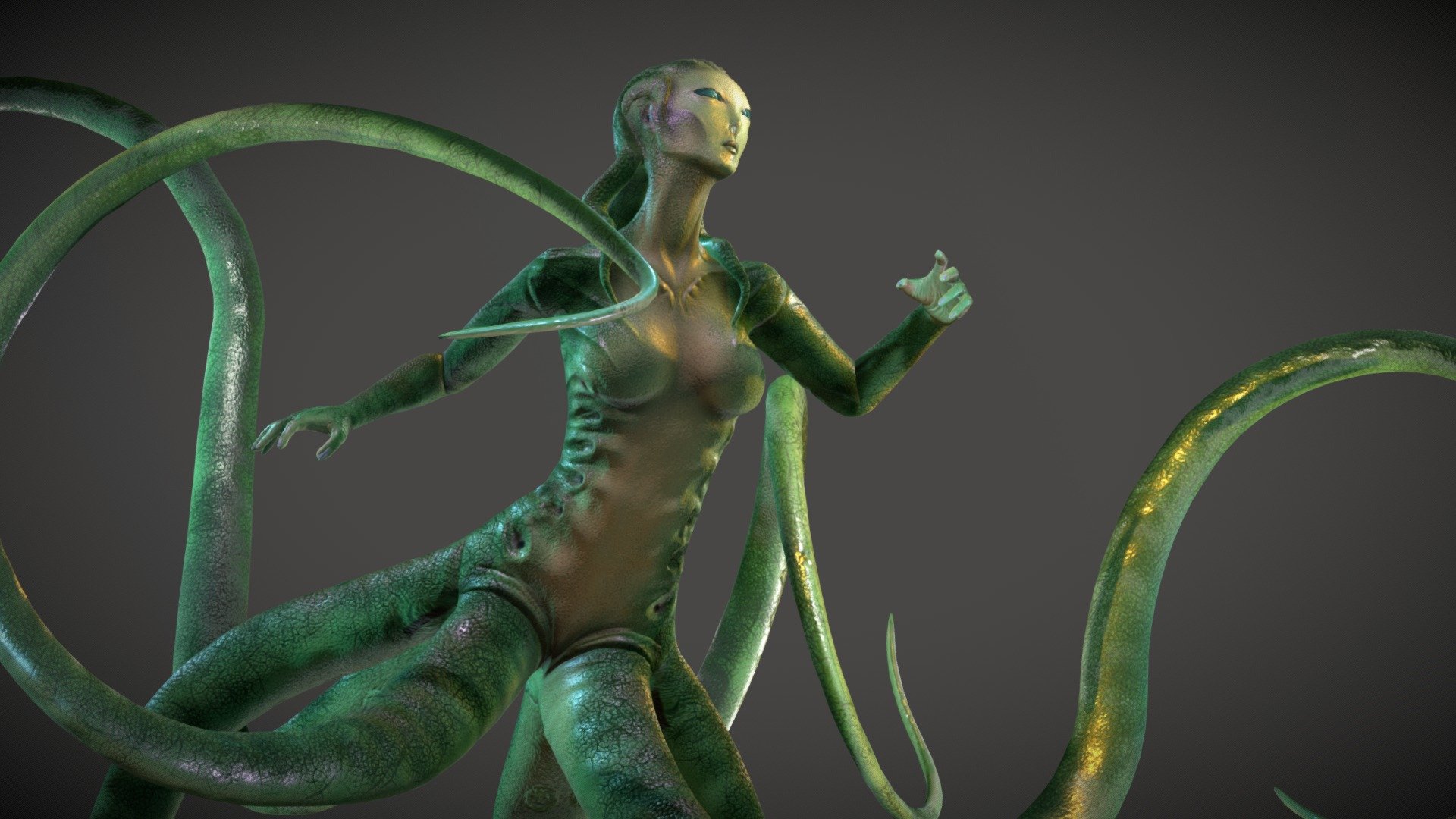 Female Alien Creature with tentacles. I took inspiration from Na'Vi' (Avatar) and D'Vorah (from mortal kombat). A Mythical creature. I modeled this character in Autodesk Maya and detailed in mudbox, also rigged in Maya. 

Maya file with character controlers, A-pose obj and fbx included