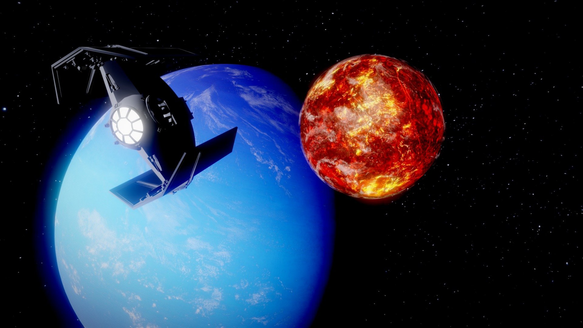 The model represents Mustafar, a fictional small terrestrial planet of the Star Wars saga which is characterized by a strong volcanic activity due to tidal effects caused by the close proximity of two gas giant planets. The volcanic activity of Mustafar recalls that of Io, the innermost of the Galilean moons of Jupiter. As Mustafar, Io is characterized by an extreme geologic activity (with more than 400 active volcanos) resulting from tidal heating from friction generated in its interior because of the close proximity with Jupiter and the other Galilean moons. In recent years, thousands of extrasolar planets have been discovered. Among these, an emerging class is that of highly volcanic exoplanets, also referred as lava worlds, magma ocean worlds, or super-Ios. An example is 55 Cancri e, a terrestrial planet probably covered in lava and orbiting around the star 55 Cancri.

Credits: Textures modified from solarsystemscope.com. Soudtrack by John Williams.