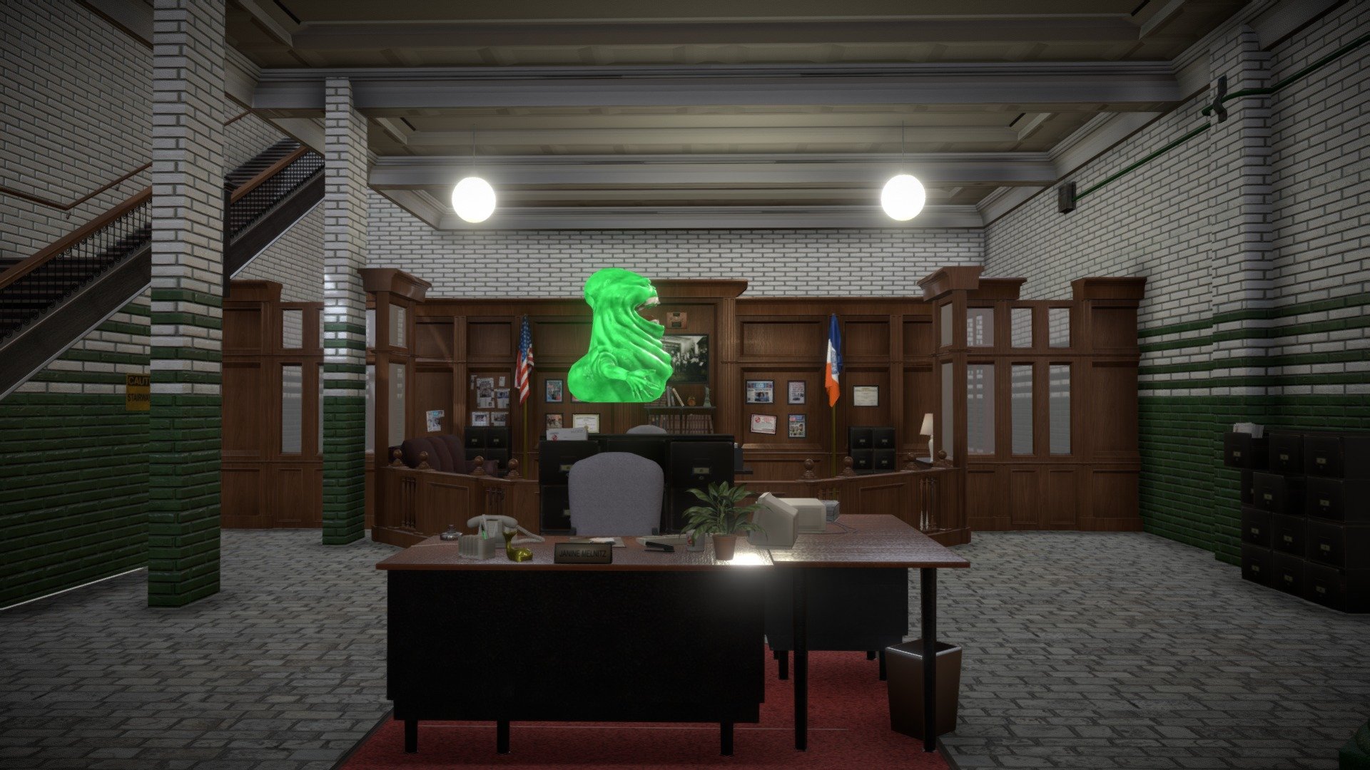 Hey guys. After the success of my Ghostbusters Ecto 1 and Firehouse exterior scene, I decided to challenge myself with the interior. Using online reference of Engine 23's interior, movie screen grabs and floor plans, I managed to get something that resembles the layout. The fun part was adding the details that made it look like a fully established business. Things to look for: Janine's infamous Whale Paperweight, Her copy of People Magazine, the Rainbow Dec 100 computer Egon installed, the guys lockers and the pole Ray slid down. Peter's office has a few Easter Eggs too. 

Heres a breakdown of the model. Click the links to view each floor 

Exterior: https://skfb.ly/o8VXP
Engine bay: https://skfb.ly/osVBN
Second Floor: https://skfb.ly/oSpvW
Basement: https://skfb.ly/oBD9K

Credit goes to Mustang Dave for the Slimer model, which was baked to my low poly mesh. You can find the STL here https://www.thingiverse.com/thing:272978

Overall the scene took 2 weeks to model and texture. 

Thanks for looking :)