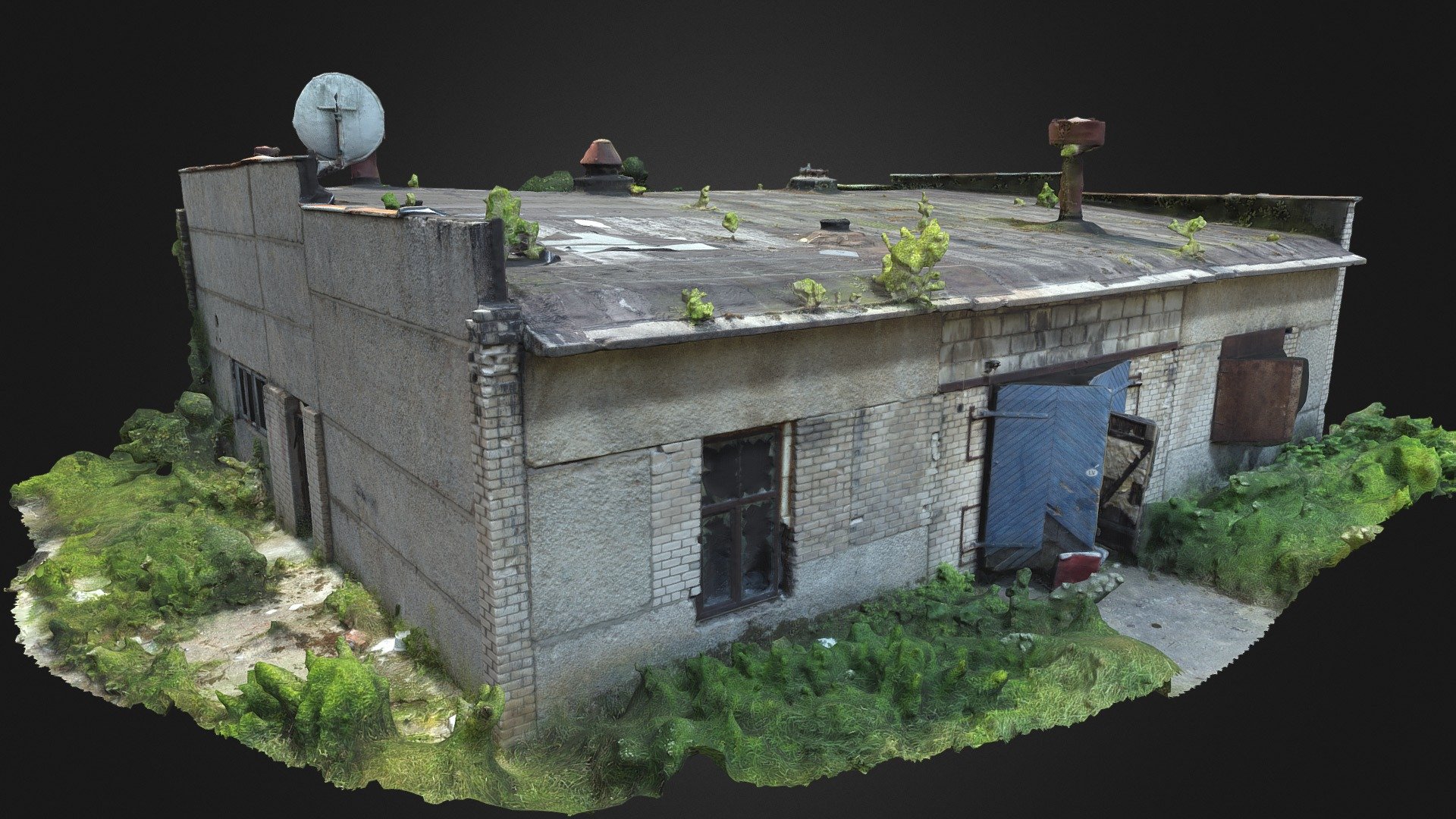 3D scan of an old brick soviet industrial building with blue wooden door, old bricks, grass.
With normal map.
