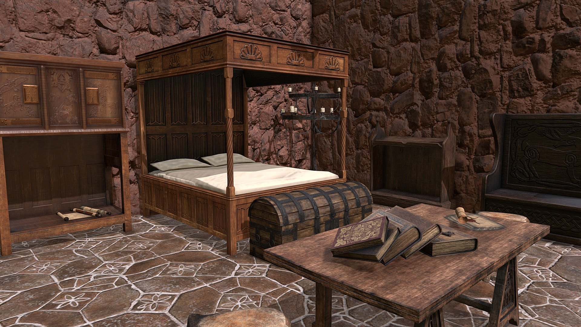 Medieval Elegant Bedroom Funishings - 14 3D Models PBR Texture available in 4096 x 4096 Maps include : Basecolor, Normal, Roughness, Height and Metallic. Customer Service Guaranteed.