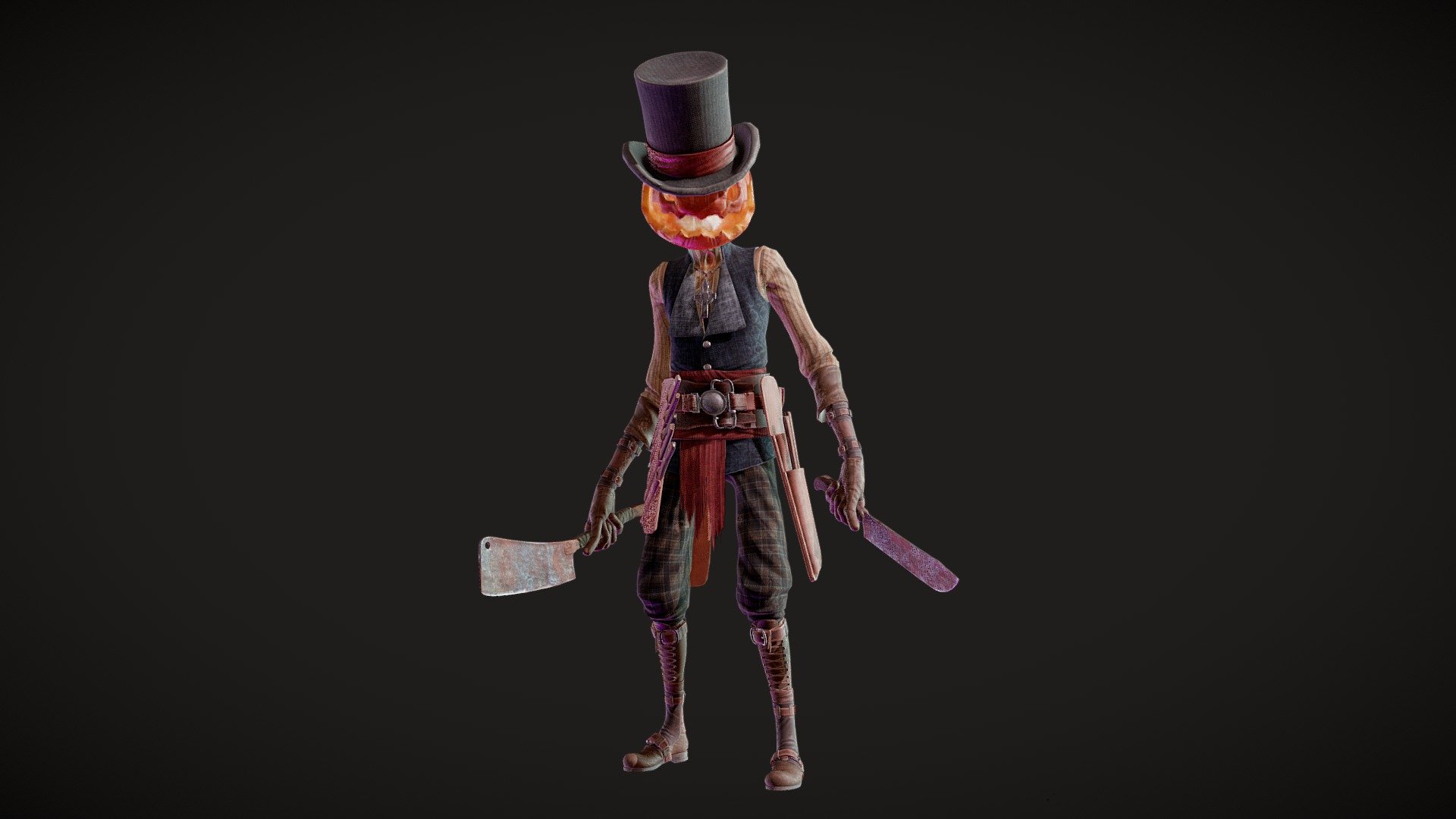 Dead and headless, he lights his way through the darkness with jack-o-lantern, which, as you can see, replaces his real head. Temporarily, i hope.

34 270 polygons (knives and gear included)
66 911 tris