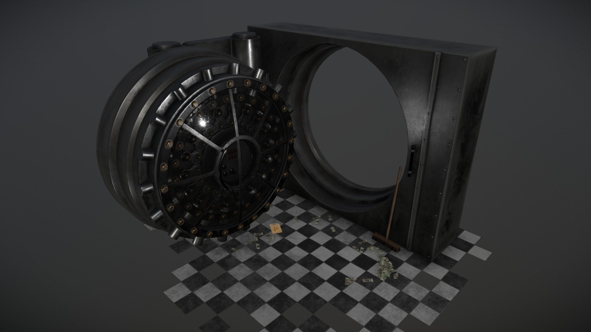 Bank vault heavily inspired by Payday 2 made as a practice of  hardsurface modeling and texturing. I really liked design of this vault, it catches the eye so well with that glass mechanism cover. I also wanted to tell some story of that vault with ripped open envelope, scattered money all over the floor and broomed away. Now it doesn't feel so empty.

Programs used: 3ds Max, Substance Painter