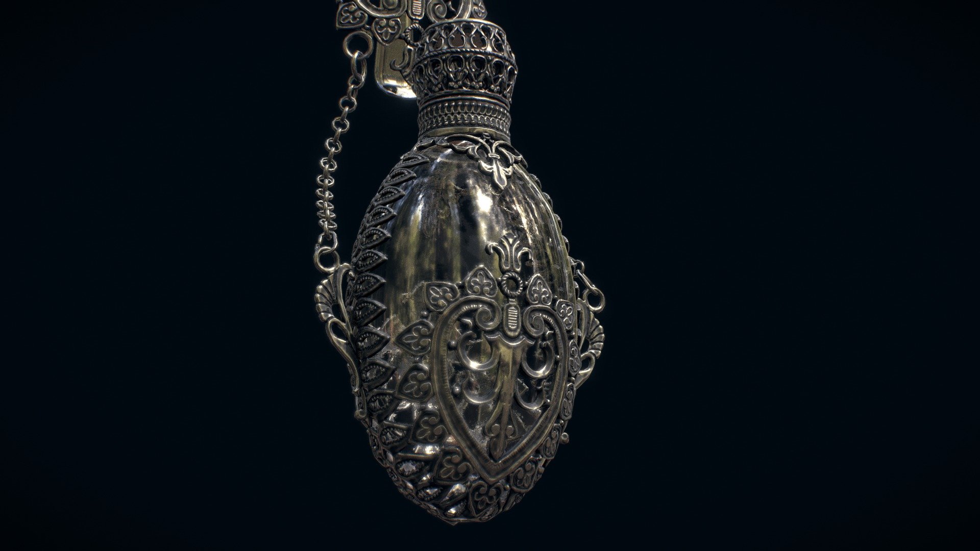 ancient perfume vile, professionally modeled from real life reference. the model has a PBR material with 8K textures. the material includes following texture maps: diffuse, metallic, roughness, transmission, normal.