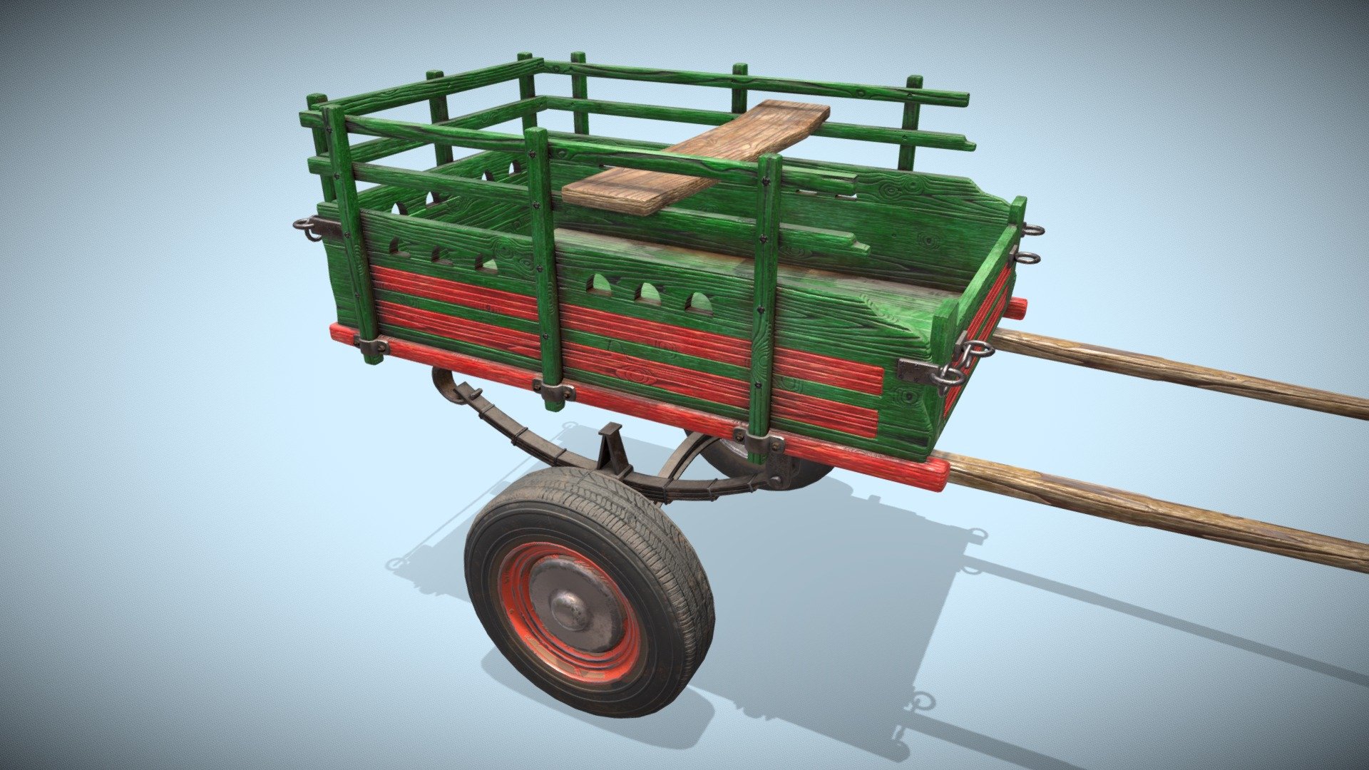 Antique donkey and horse cart with car tires. You can open and close the back and front doors and hooks. It has two textures, one for woods and one for metals. Textures are in PBR size 2048. In additional download more formats, FBX OBJ.