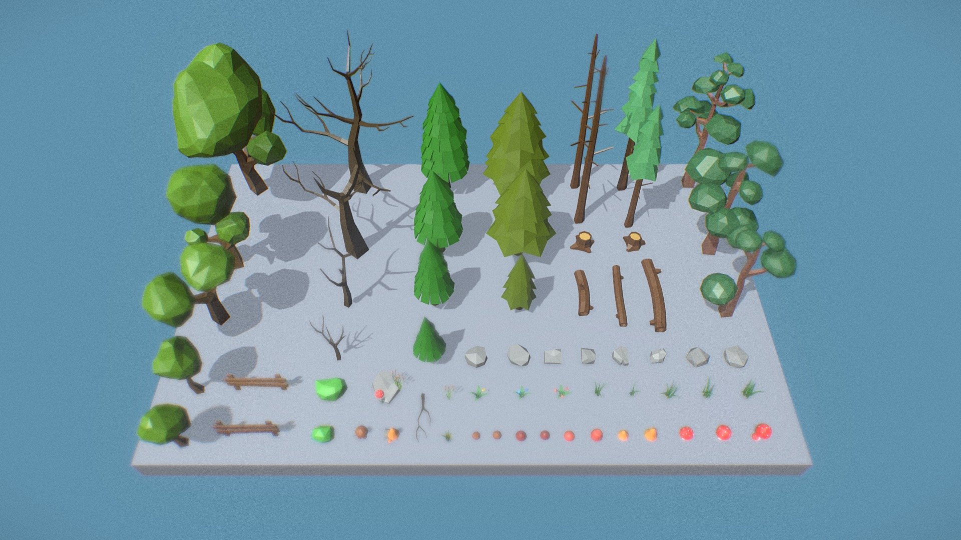 Low poly assets pack, ready for games. 
This low poly pack has everything you need to create cool nature scene.

Follow the link below to buy this pack:
http://bit.ly/35cJbYg

Models:
- 23 Trees; 
- 11 Mushroom;
- 10 Grass; 
- 8 Rocks;

- 13 Other Elements.

Additional formats: fbx, obj, blend, mb

Thanks :)