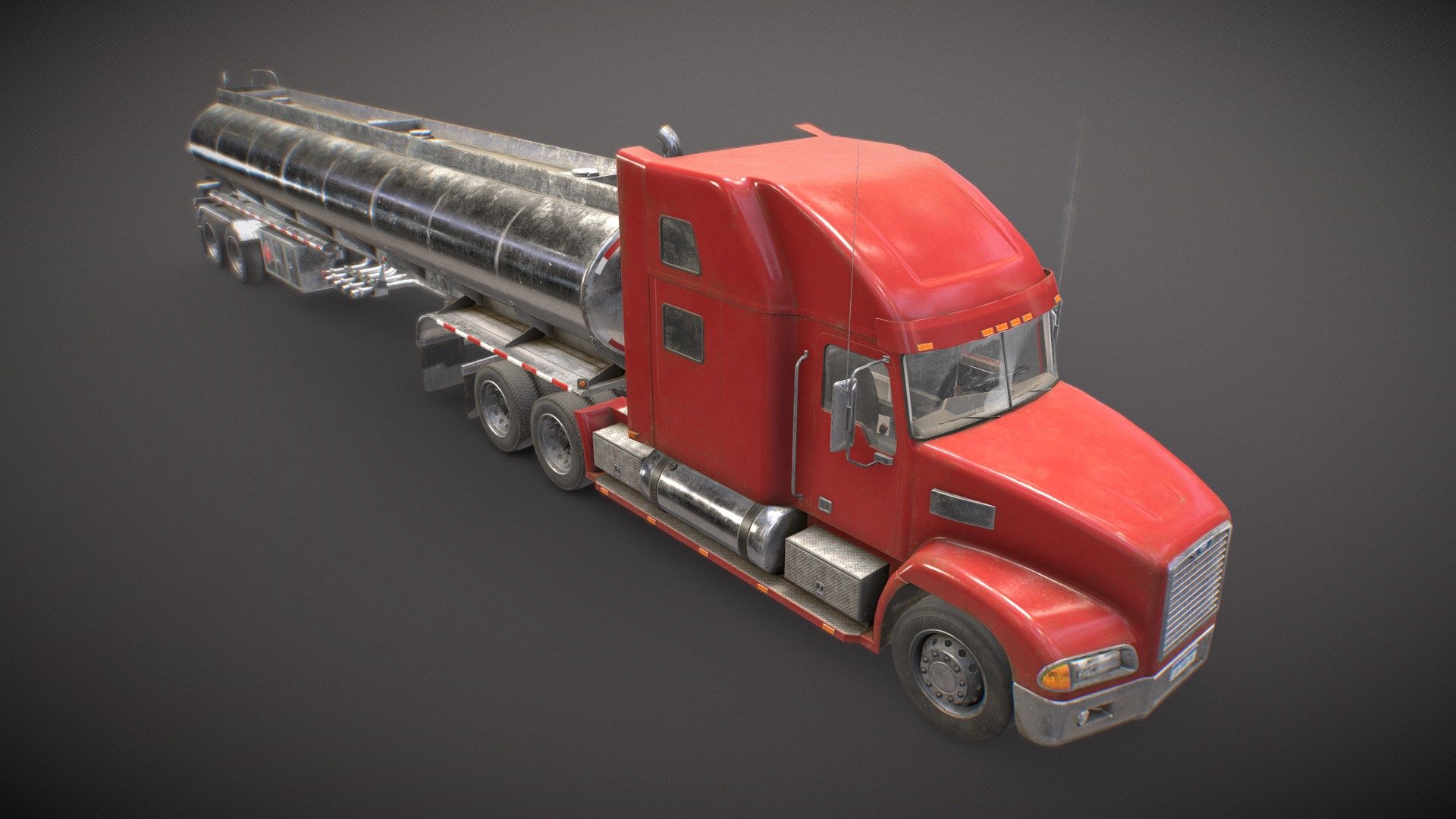 Game Ready Semi Truck with a Fuel Tank Trailer

Low Poly vehicle including 4 different colors for Tractor:




Real-world scale and centered

The unit of measurement used is centimeters

Cabin interior fully modeled and textured

All doors, wheels, feet and steering wheel can be easily rigged/animated

PBR textures made in Substance Painter

All branding and labels are custom made

Second uv channel included

Packed ORM textures included for Unreal

4 BaseColor textures included for tractor body (red, blue, green and orange)

Polys:




Truck: 18562 (36071 tris)

Trailer: 11834 (23081 tris)

TOTAL:  30396 (59152 tris)

Maps sizes: 




Body, Chassis, Interior, Trailer Body, Trailer Details: 4096x4096

Wheels: 2048x2048

Windows: 1024x1024

Provided Maps:




Albedo 

Normal

Roughness

Metalness

AO

Opacity included in Albedo

Emissive

Formats Incuded: MAX / BLEND / OBJ / FBX 

This model can be used for any game, film, personal project, etc. You may not resell or redistribute any content
