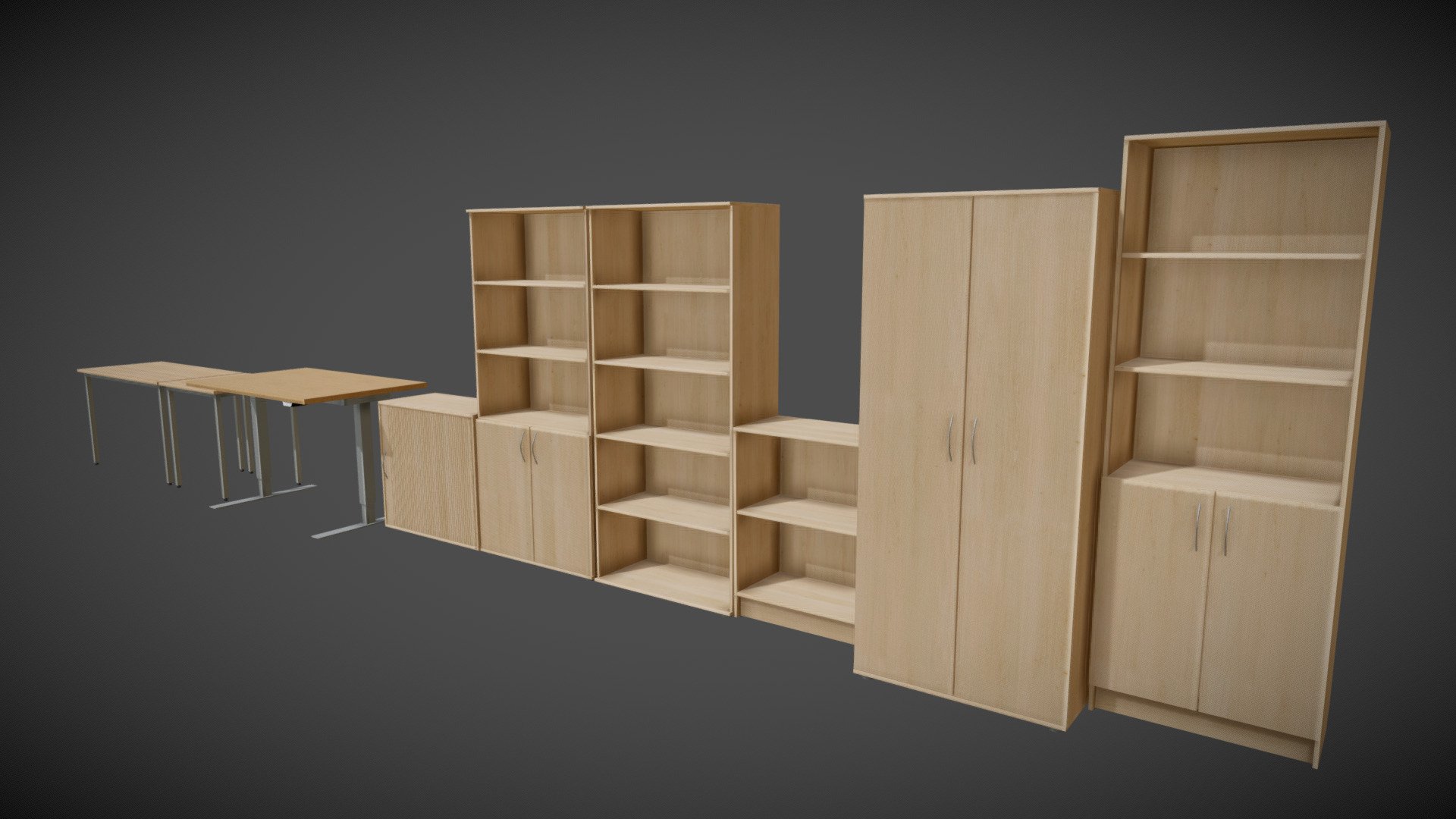Various game-ready office shelves, closets, cabinets and tables.
Contains PBR textures, as well as Unity mask texture (RGBA -> Metalness, AO, Roughness, Smoothness) and uses 1 material.

Modeled in Blender, textured in Substance Painter.
