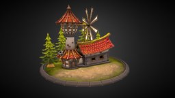 Valley mill - Stylized Architecture Diorama trees, tree, grass, made, medieval, miniature, handpainted, 3d, blender, blender3d, house, animation, stylized, fantasy, hand
