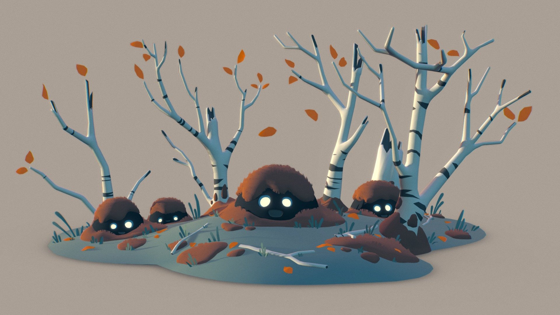 Small environment model based on a wonderful illustration by Marcel Hampel (https://bit.ly/2ATepdS).

With this study I had one major goal - examine how base color works with light while trying to stay to the color scheme of the original illustration as close as possible. In order to do this I found myself referring to the birch a lot - its white color helped me figure out light and shadow hue and value relation between all the elements of the illustration.

I didn't use textures (except for the alpha cards for the grass and moss) so I could change colors quickly.

I also learned some new tricks, like using Data Transfer modifier in Blender in order to adjust normals of the moss grass to the moss itself so it would blend perfectly (more obvious in the Matcap view). In order for both sides to look good, I duplicated the mesh and flipped normals, while making them both single sided. I didn't do it for the grass because I thought it looked better with default normals in this case.