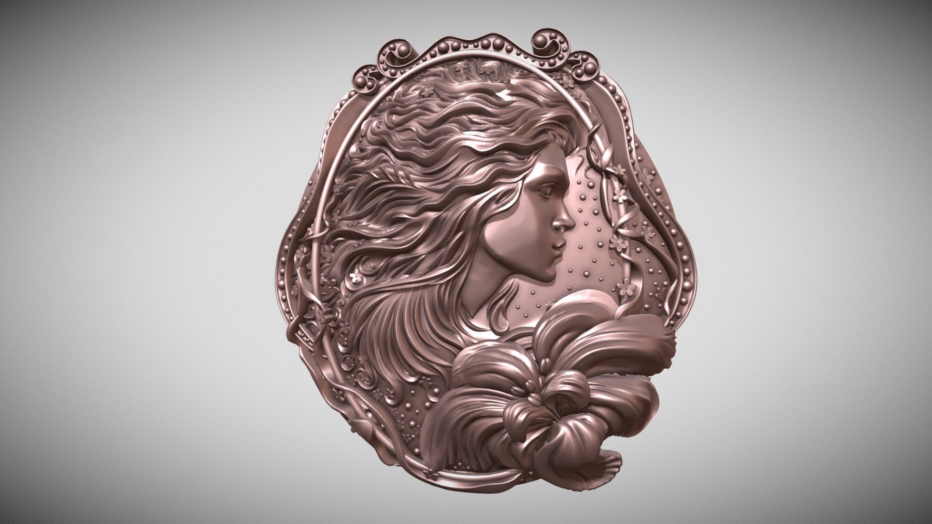 profile of a beautiful girl medallion or cameo, for casting. it is possible to use as a brooch as an independent decor or in combination with other patterns.
The model has a very high resolution, so you can print it both small and large. The height of the model is 50mm.

Model geometry is mesh (polygonal),this is not a Nurbs geometry.
It is designed for printing and casting and technically cannot be converted to NURBS geometry.