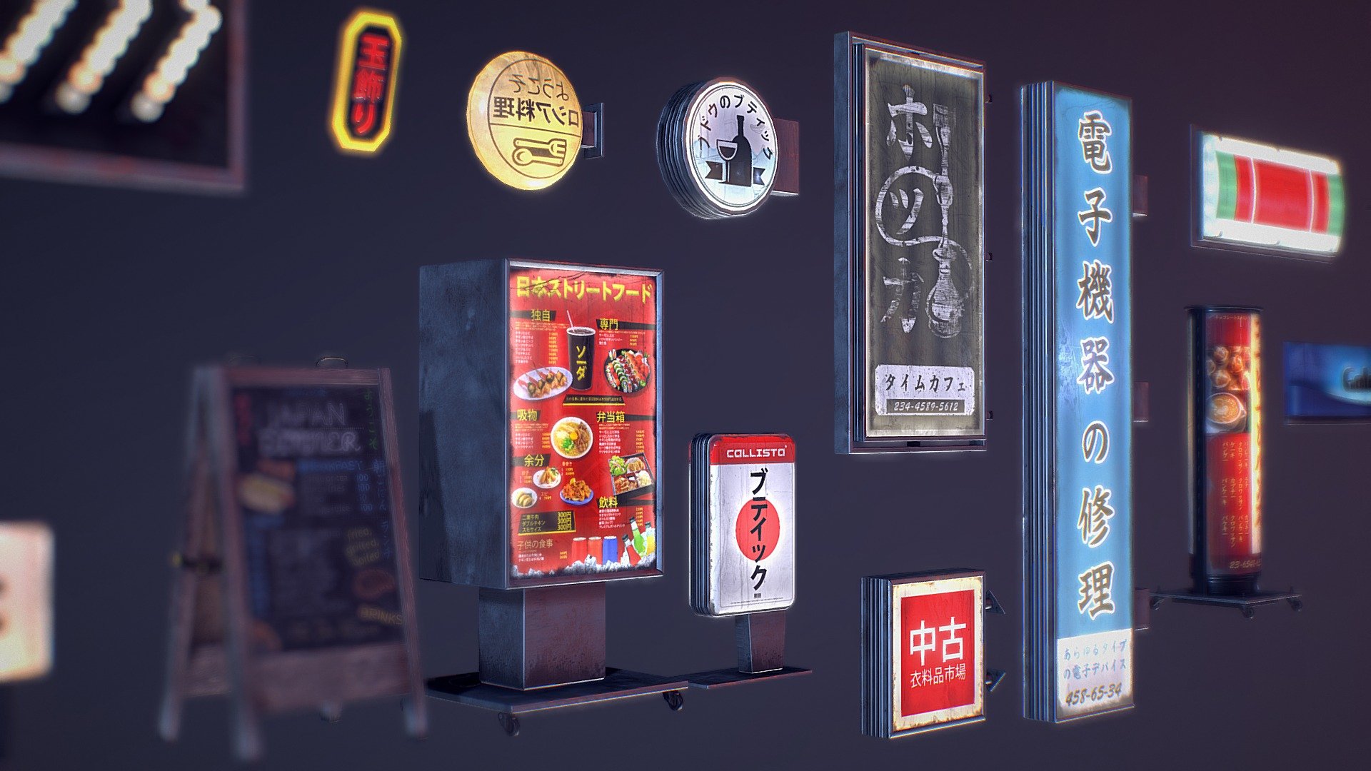 Game Ready Japanese Plastic Signs 02

Set of 15 lowpoly signs with emissive variants ready to be used in your game!

Textures 




Albedo, Normal, Metal, Gloss, Emissive, Ambient Occlusion 

Texel density: 1400px/m = 36ppi 

4 texture sets for all of the models in the pack: 


4096x4096 — baked details and unique elements 

4096x4096 — poster graphics 01 

4096x4096 — poster graphics 02 

1024x4096 — sign 03 lamps' textures



Source files




Substance Painter scene (on request; Substance Painter scenes are to large to upload)

