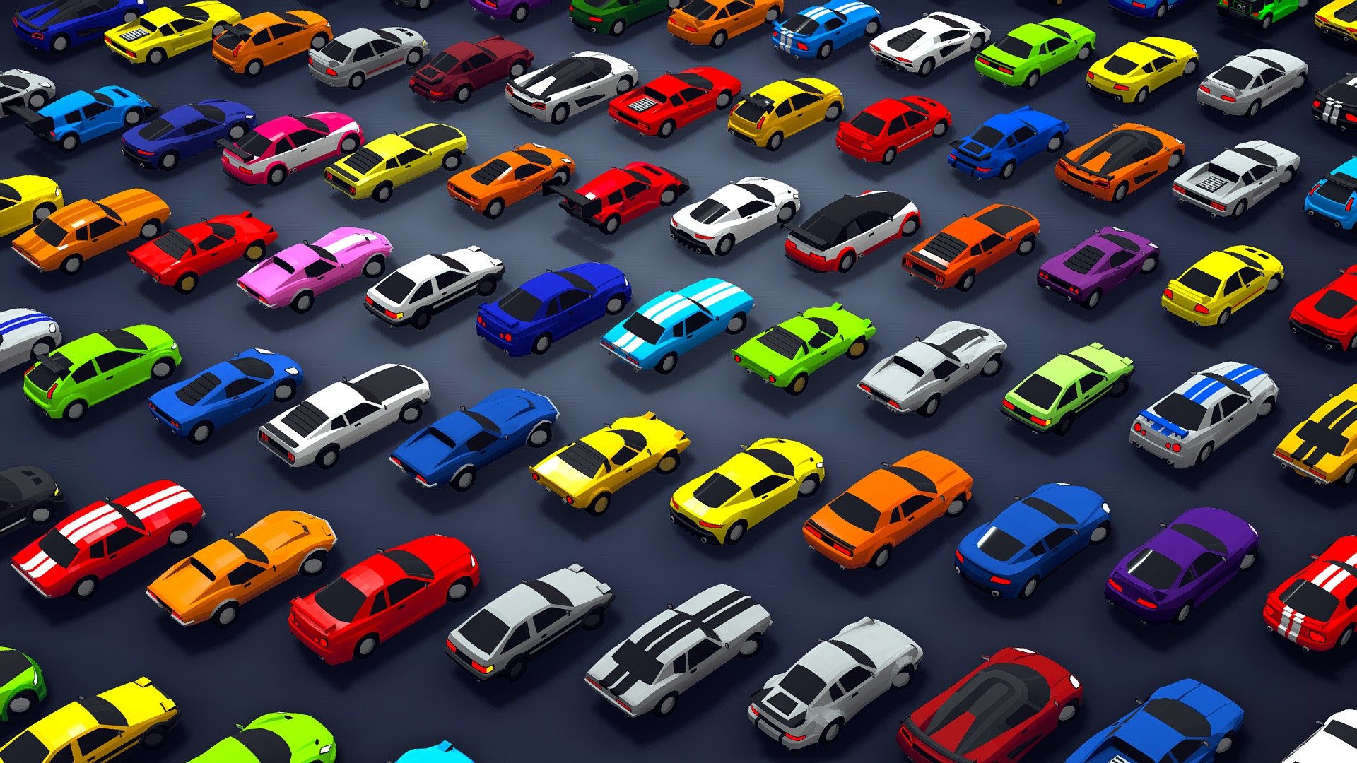 




⚡ This is a complete set of low-poly racing cars created for third-person and top-down games.

Here are the details of the asset:




It contains 25 VEHICLES. 5 colors each (100 vehicle variations).

1240 - 1960 triangles per car.

Prefabs with/without colliders included.

Vehicles use 3 materials.

Texture atlases (512px * 512px).

Perfect for third-person racing games and top-down games (works with any car controller).

Interiors not included.

In this pack you will find vehicles like:




Muscle cars.

Rally cars.

Supercars.

Tuned cars.
&hellip;
and more!
