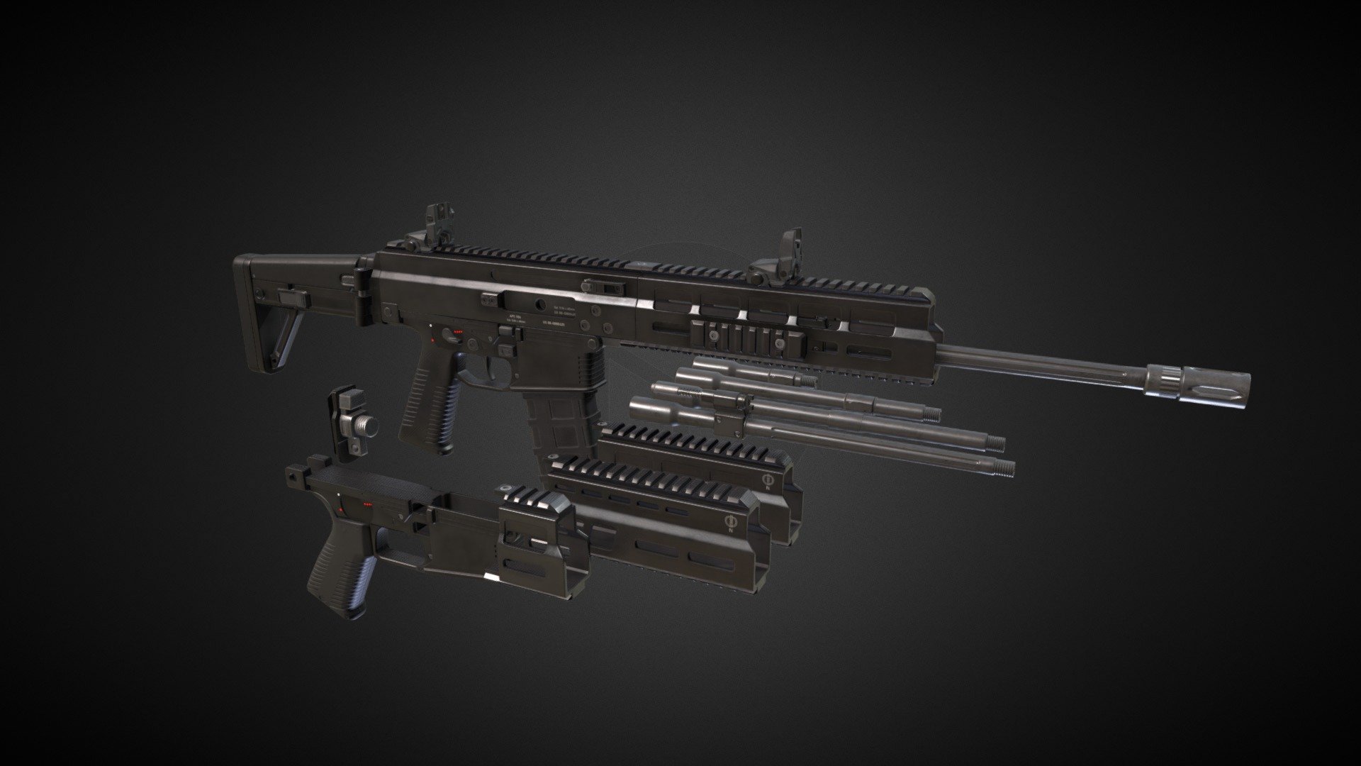 Swiss made SCAR by Brügger &amp; Thomet from, yes, you guessed it, from Switzerland.

There are few variants of it, but you should focus only on stubby the aim and dont hitt anything. as his barrel is so long and accurate that you can put it in front of wall and not hit it&hellip;  

Model is rigged, files with separated parts are also there, plus few merged models for quick use. 

It have 7 PBR materials in 4K, separated by gun parts(lower, upper, handguards etc).

Verts: 20.6K (default variant)

Tris: 39K (default variant)  

Made in Blender.