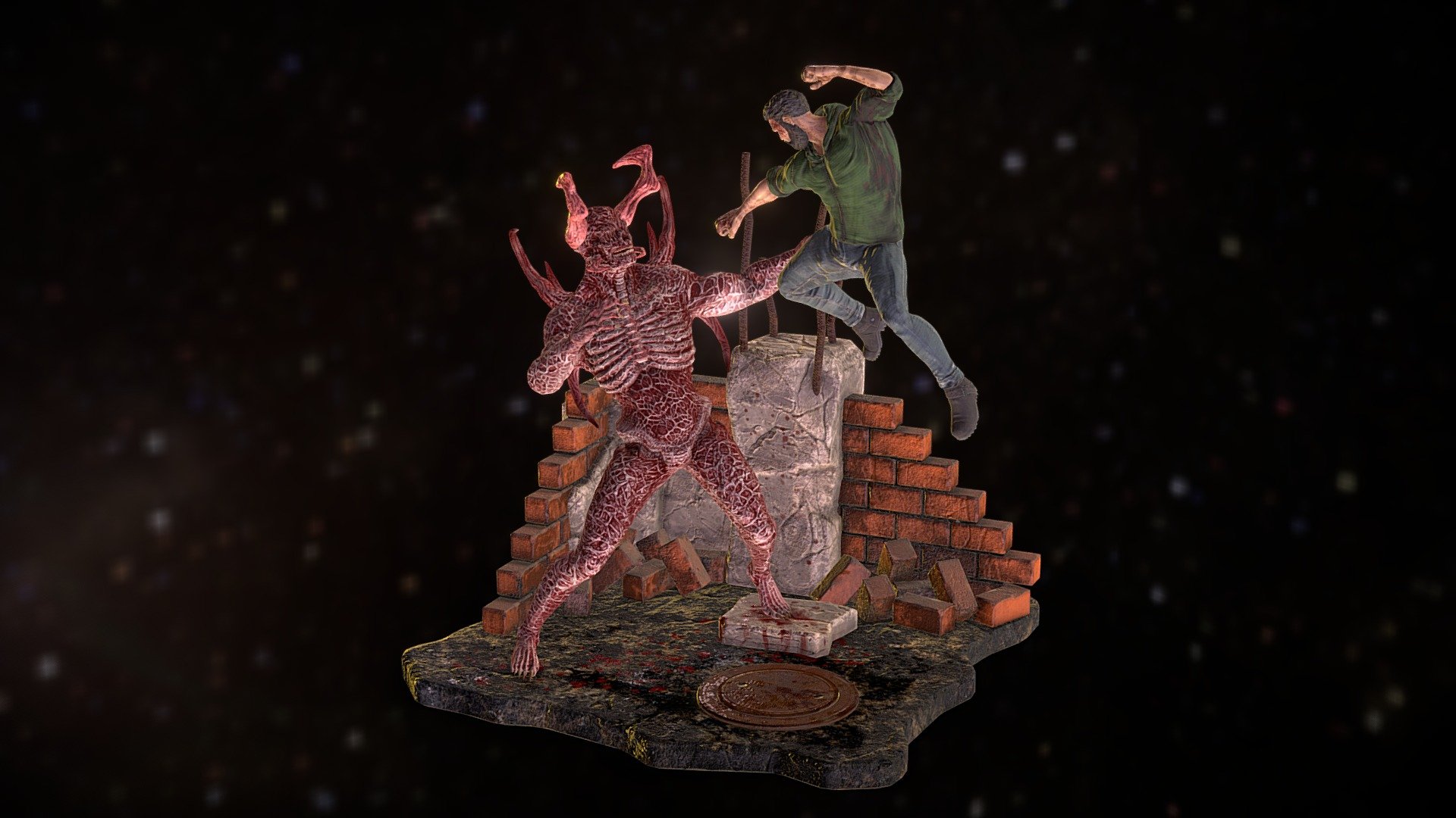 Dioram project inspired by the game my studio is working on, featuring the games protagonist and one of many monsters he will fight.