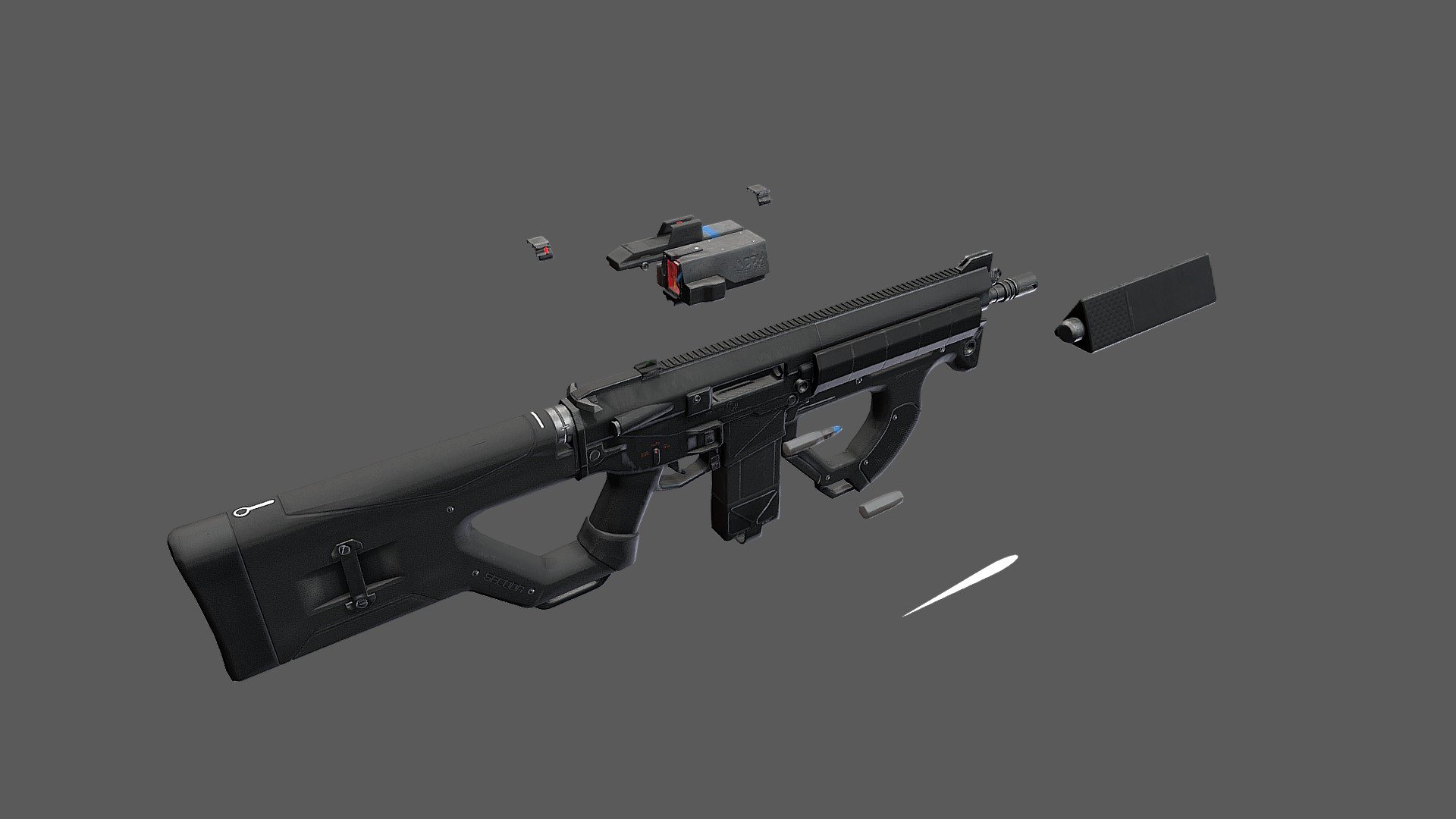 A mix between a M4/16 and an ACR with some subtle cyberpunk asethetics for a near future looking assualt rifle. 
This model is modular and it includes:
-3 Rail mounted sights
-A supressor
-Bullet
-Shell
-Tracer
Uses 4 sets of 4K textures.
A few simple animations for firing are also included, keyed for around 750-800 rounds per minute
It should be game ready