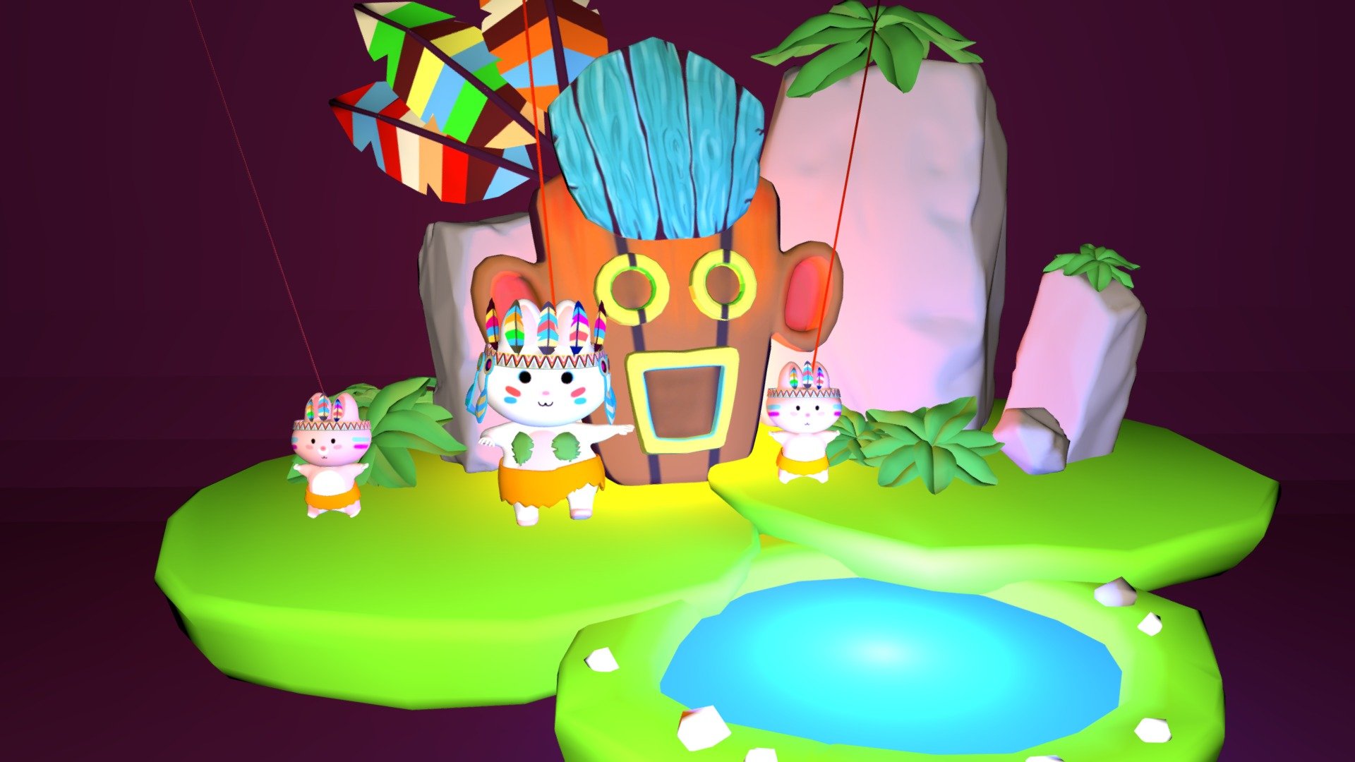 In the Tropical island, the chief of the tribal rabbit and two assistant cute rabbits dance to the nature.
The Island has the life water with blessings.
Their sprits are strong and powerful. Mother nature lesses them with the happiness.