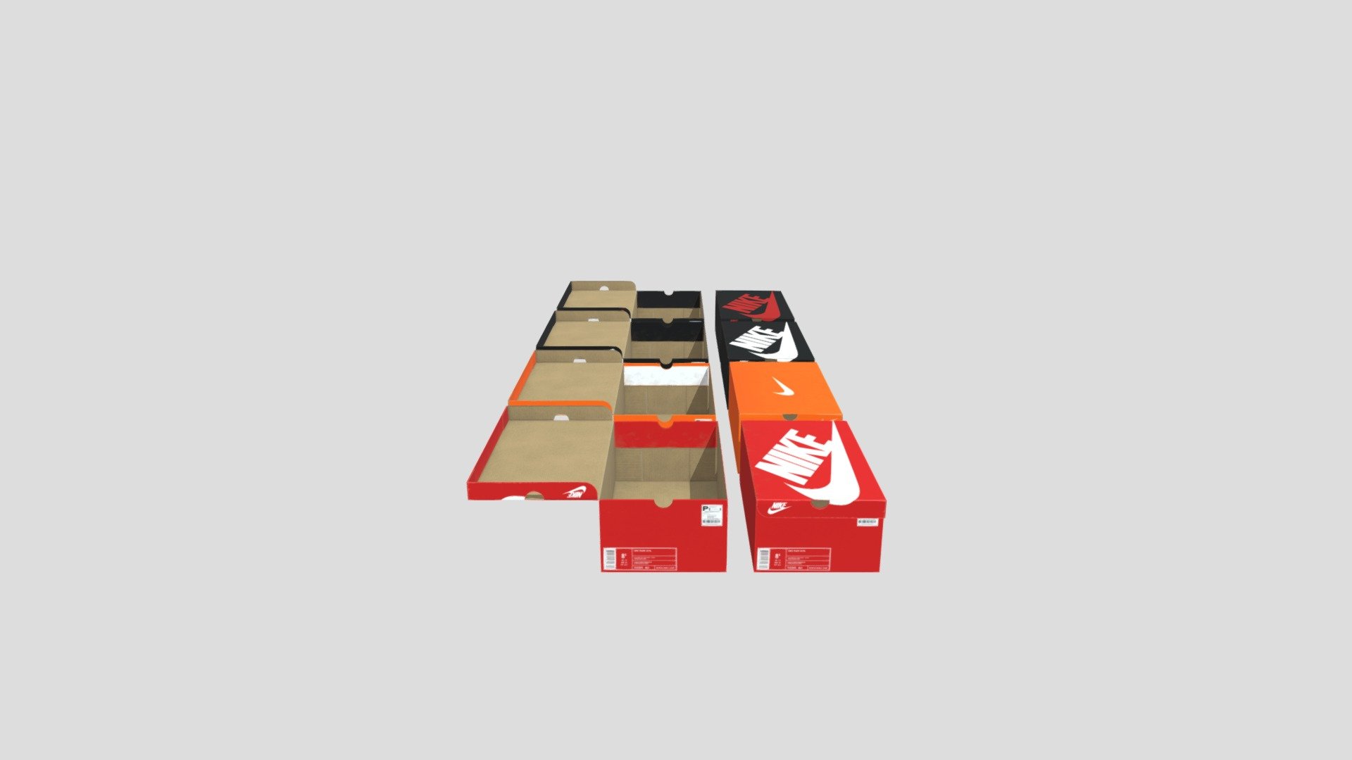 8 Meshes (4 open, 4 Closed)

5, 4K Textures

Nike Orange 4K Textures
Nike Red 4K Textures
Nike Black with White 4K Textures
Nike Black with Red 4K Textures
Each mesh is 808 vertices and UV Unwrapped for future texturing.