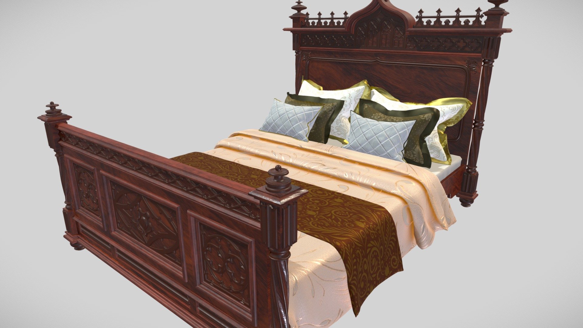 Bed linen consists of sheets, blankets, bedspread. There are also six unique pillows with Vicotrian motifs. 

The bed itself is made of light acacia wood, the carvings are covered with dark wood. The headboard is decorated with carvings. 

The model is suitable for a bedroom of the late 19th century.  Models also have LODs and custom coliders for easy use as game props. Packed Ambient oclusion(R), roughness(G) and metalic(B) and unreal engine 4 project is also included.

Everyone should sleep in this bed at least once in their life.