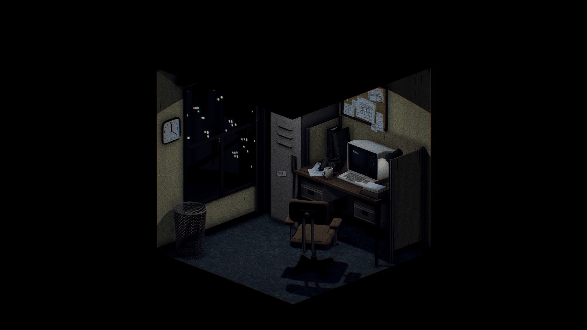 An 80s office diorama!

I tried a little parallax effect with the city backdrop.