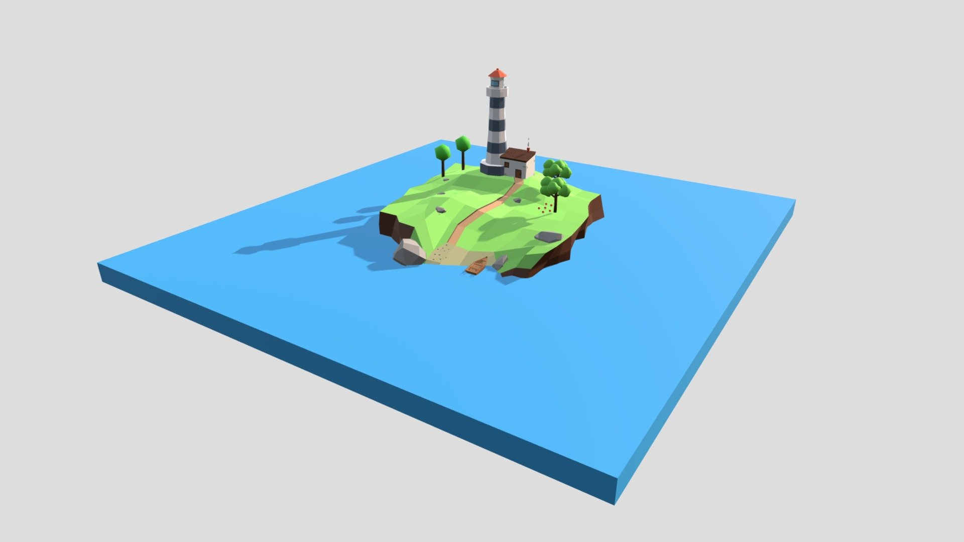 This is a low poly 3d lighthouse island scene. The low poly scene was modeled and prepared for low-poly style renderings, background, general CG visualization. Quads/Tris Topology.

You will get those objects :

Island Landscape
A Lighthouse
A Small House
Rocks
4 Trees
A Small Boat With Paddles
Mushrooms

Verts : 4.296 Faces: 4.118

Simple diffuse colors.

No ring, maps and no UVW mapping is available.

The original file was created in blender. You will receive a 3DS, OBJ, FBX, blend, DAE, STL.

All preview images were rendered with Blender Cycles. Product is ready to render out-of-the-box. Please note that the lights, cameras, and background is only included in the .blend file. The objects are clean and alone in the other provided files, centered at origin.