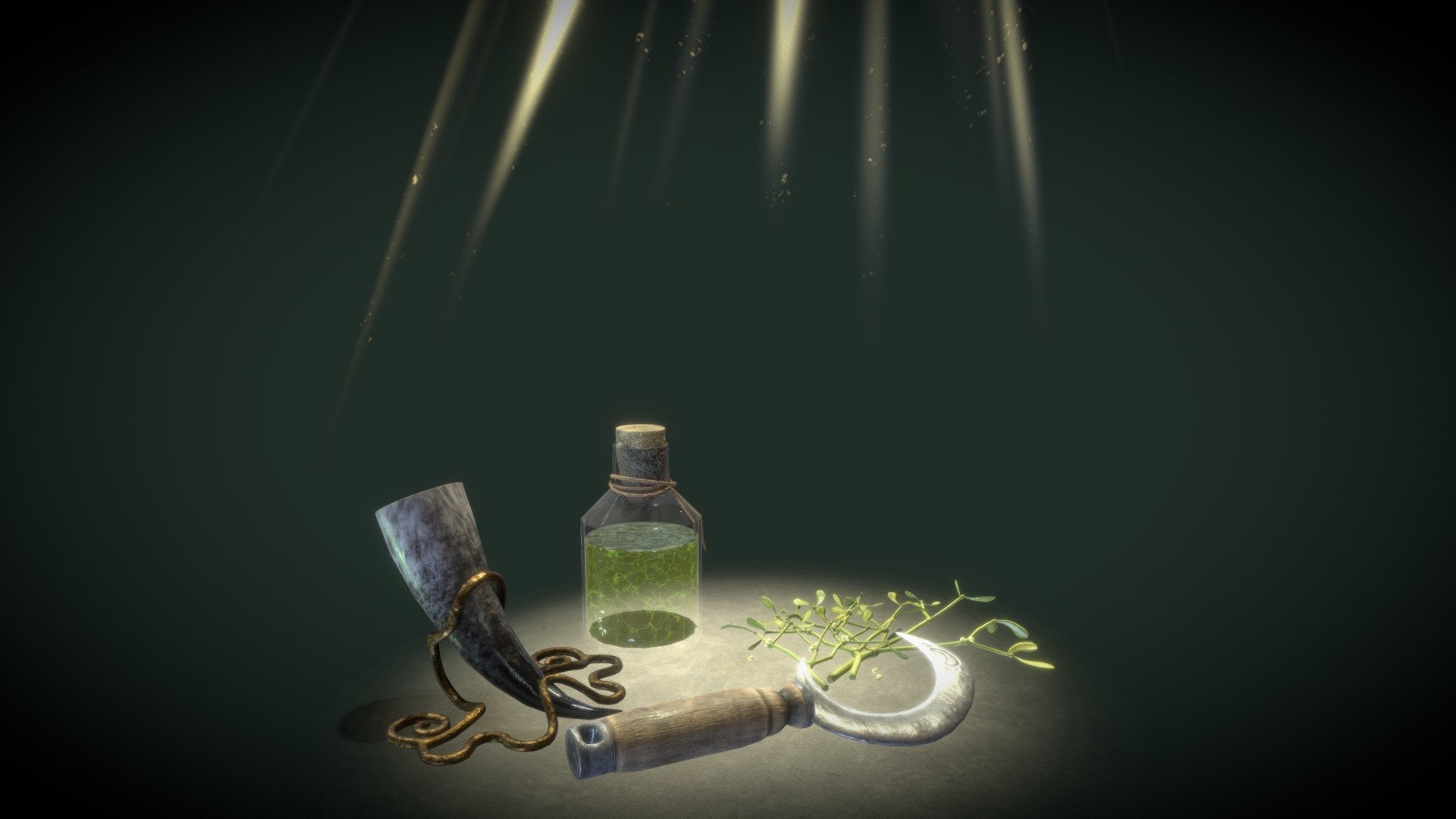 Alchemy - The fine art of herbalism, closeness to nature and healing powers. And the mistletoe has been an essential ingredient since the time of the Druids.



A slightly older 3D composition that I made.



2K Textures (2048x2048px)



LowPoly-Asset for Video &amp;/or Games



Made with: 3Ds Max, zBrush, Substance Painter, Photoshop



– Further assets on the topic are being worked on. –